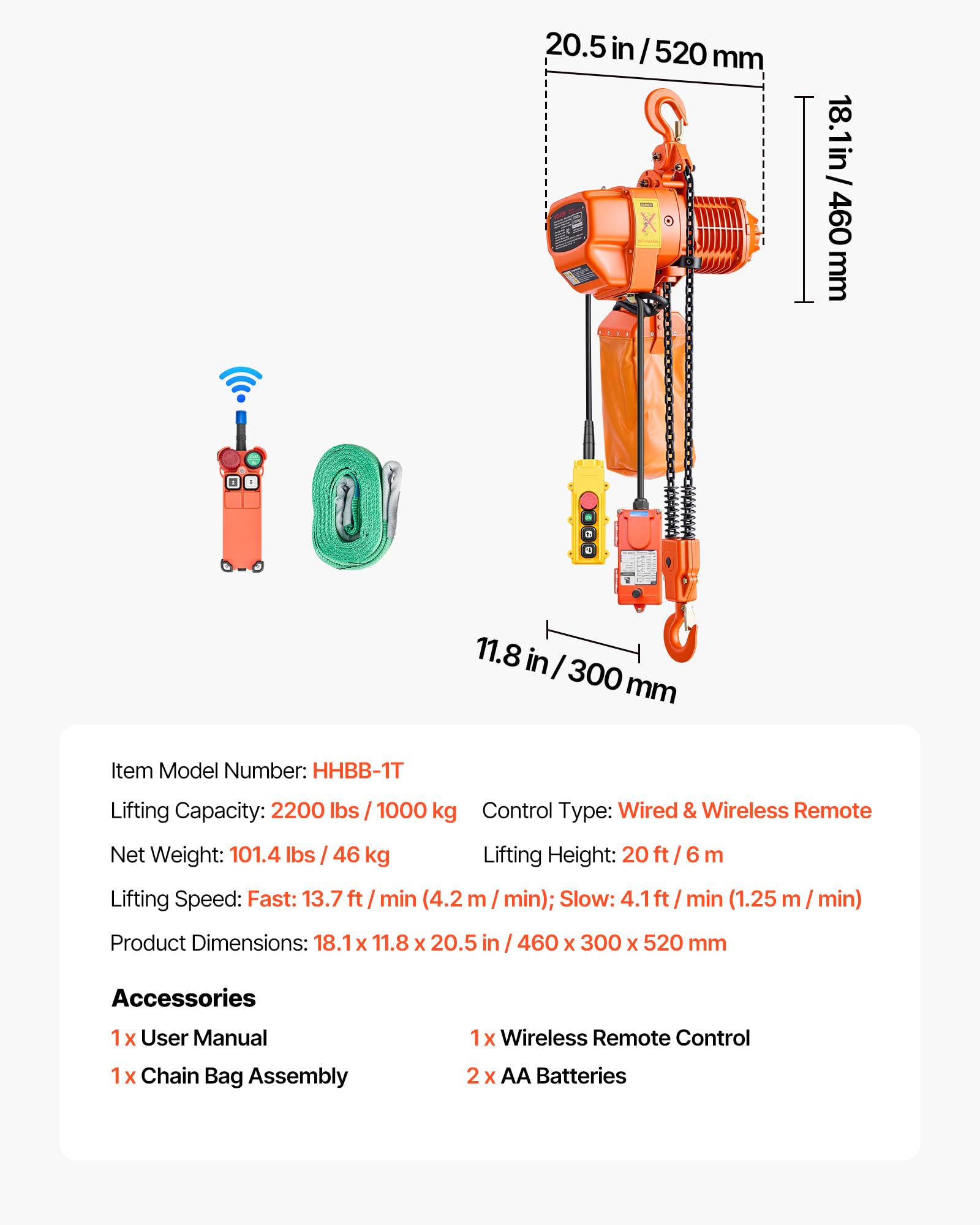 VEVOR Elektrischer Kettenzug 1000 kg 6 m Hubhöhe 3-Phasen-Brückenkran G80-Doppelkette Funk- & Kabelfernbedienung