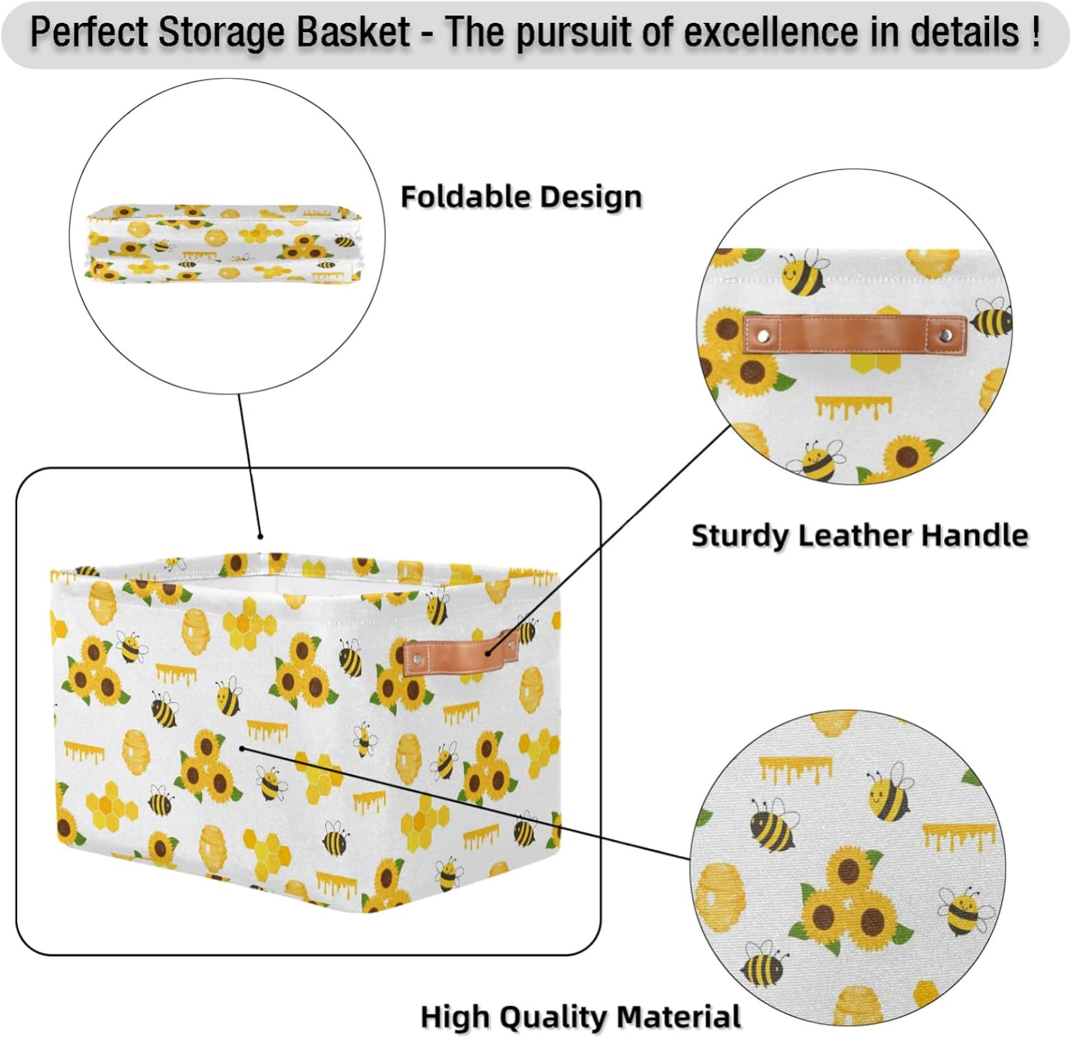 Rectangle Storage Baskets for Organizing - Foldable Storage Bin Cubes with Handles, Large Organizer Bins Boxes Toy Closet Shelf Nursery Laundry Basket, 1 Pcs(Bee Sunflower)