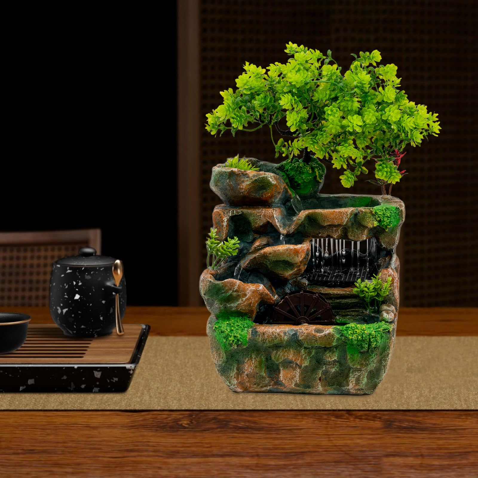 Zen Fuente de Mesa con Luz LED Feng Shui Cascada Interior Fuente de Resina Relajante Decoración de Habitación para Salón Oficina H 30cm