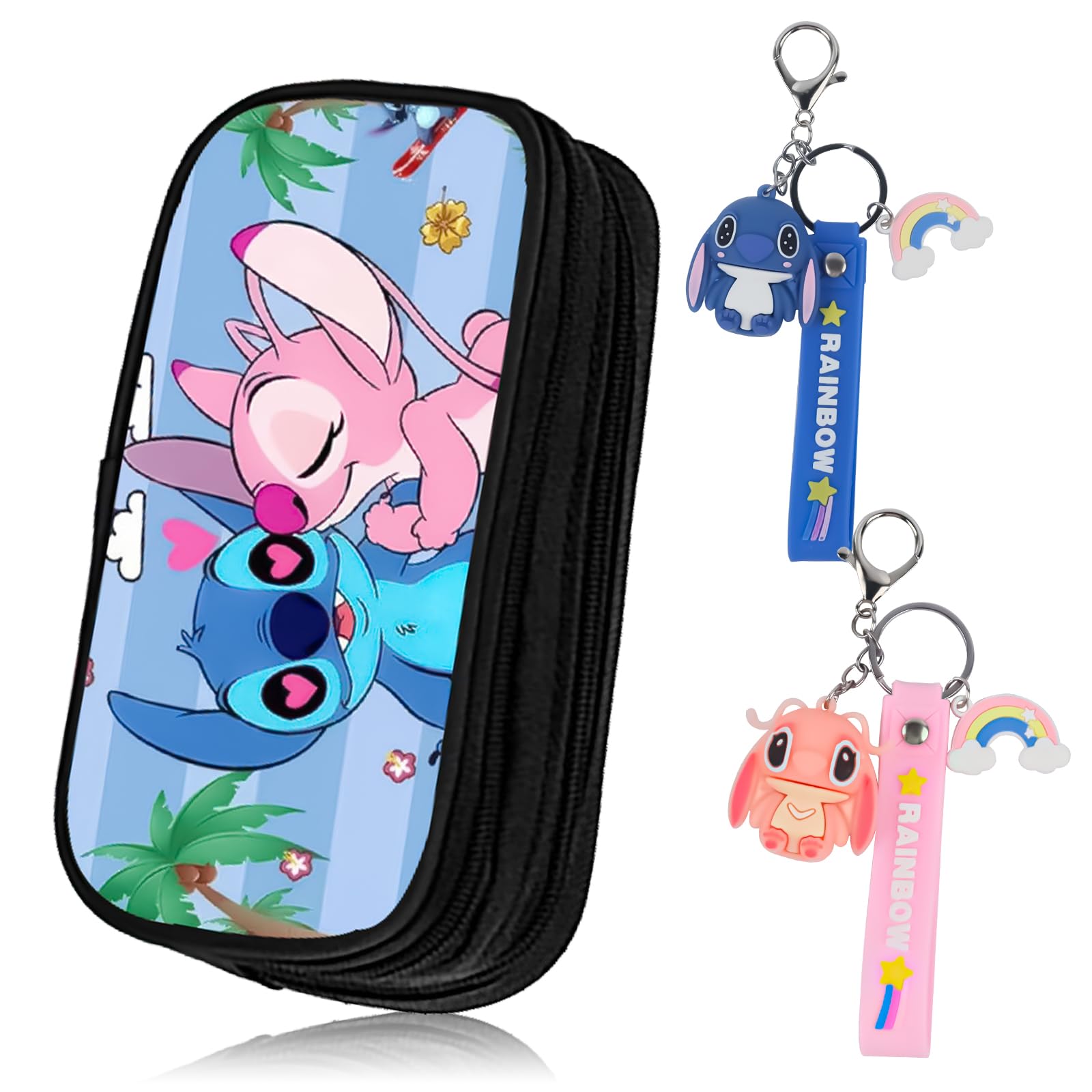 Sti-tch Estuche para niños + 2 llaveros Stitch, estuche portátil para lápices, estuche escolar, estuche de anime para niños y niñas, escuela, estudiantes, fans de Stitch, regalo para niños (azul)