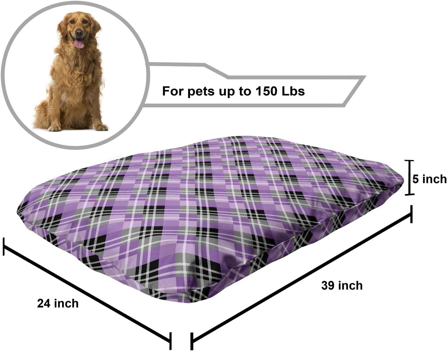 review Ambesonne Plaid Pet Bed, Continuous Print of Squares Lines Stripes Illustration in Purple Tones, Chew Resistant Pad for Dogs and Cats Cushion with Removable Cover, 24