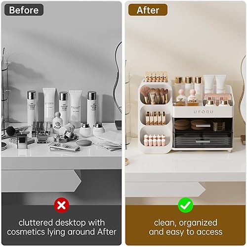 Miniatura 7 de Organizador de maquillaje para tocador con soporte para pinceles, organizador de cuidado de la piel de encimera con 2 cajones, espaciosa vitrina de