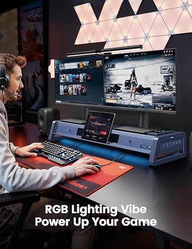 Miniatura 7 de Vaydeer Soporte elevador de monitor dual todo en uno con 2 cajones, 8 puertos USB y almohadilla de carga inalámbrica con tira de luz LED para 2