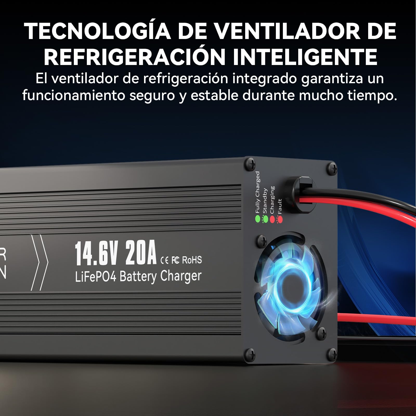 POWER QUEEN Cargador LiFePO4 14.6V 20A para Baterías de Litio | Carga Automática de 20A para LiFePO4 de 12V,con Conector Anderson de 50A e Indicador LED para Ver el Estado de Carga