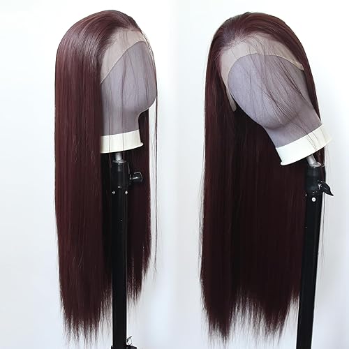 Miniatura 7 de zigzag hair 99J Peluca larga y lacia 99J color borgoña sintético con encaje frontal, prearrancada con hariline natural para mujeres de moda,