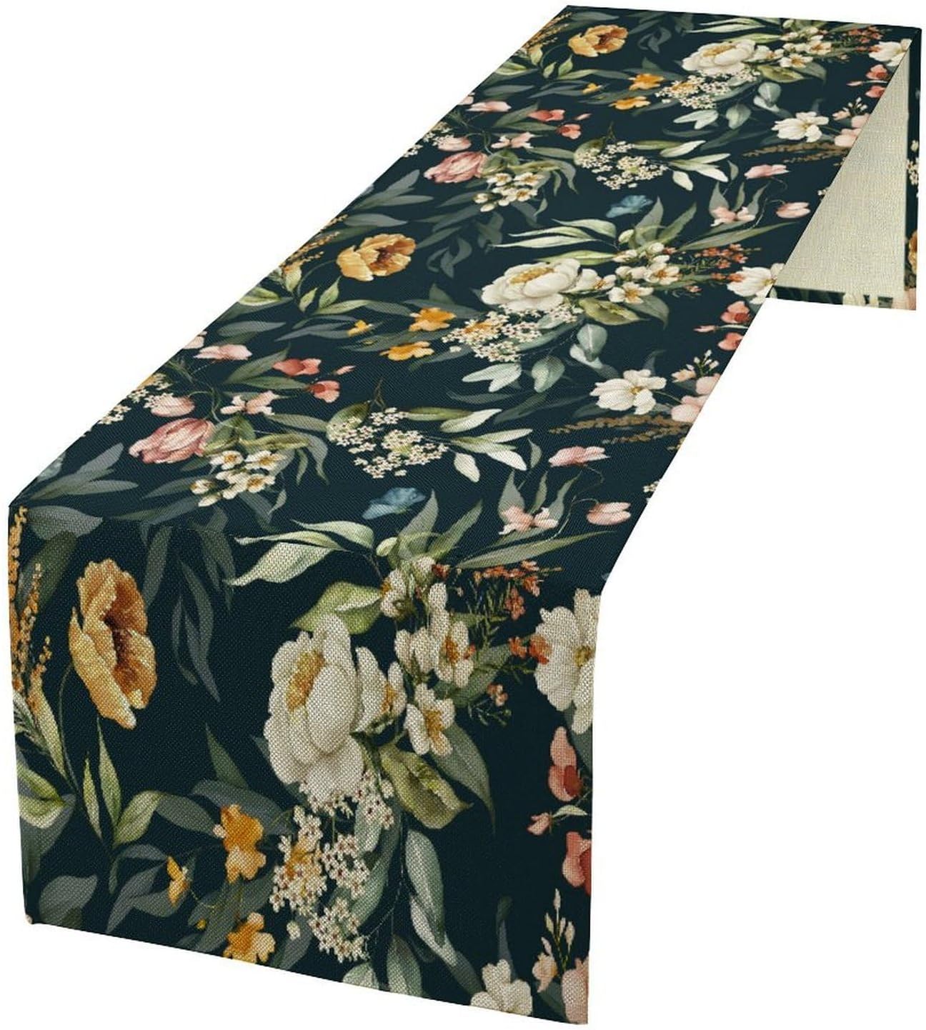 Vintage Floral Table Runner for Linen Table Decor, Retro Green Botanical Flower Printed for Dining Room Kitchen Office Party Holiday Home Decorate 13" x 120"