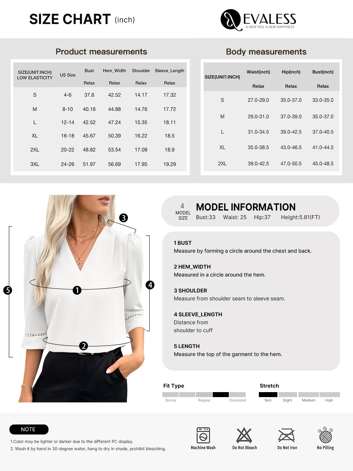 EVALESS Women's 3/4 Sleeve Tops Dressy Casual Pleated V Neck Business Work Blouses Office Shirts