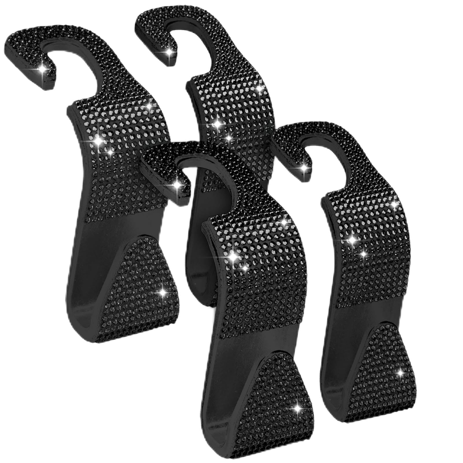 MUPEAK Sparkling Car Seat Hooks, 4 Pack, Black Purse Holder for Car Headrest, Chic Automotive Accessories for Women Essentials Handbag Clothes Coats