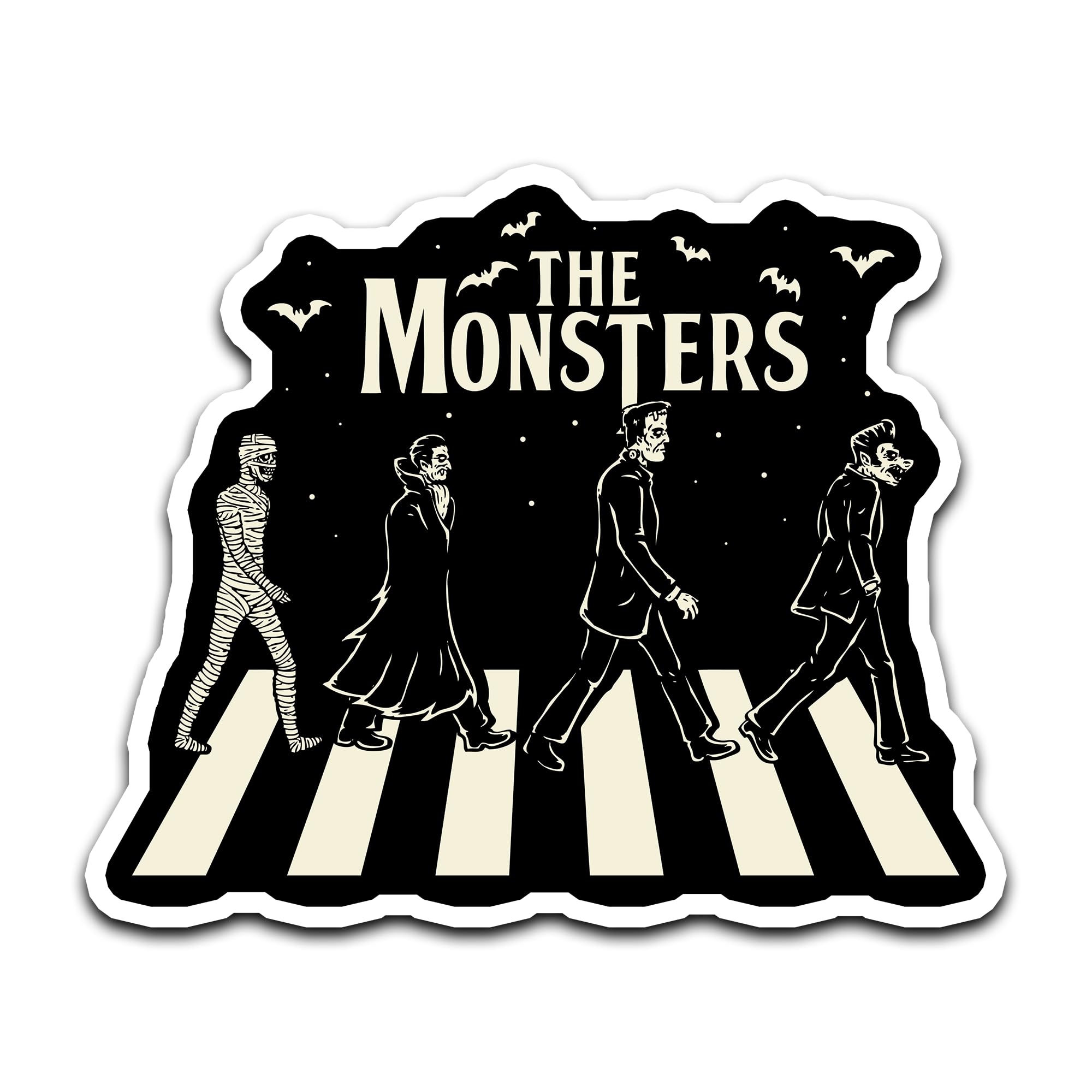 4" Classic Monsters Walking in a Crosswalk Sticker | Dracula Frankenstein Wolfman The Mummy, Waterproof Vinyl, For Car Auto Water Bottles Phone Case