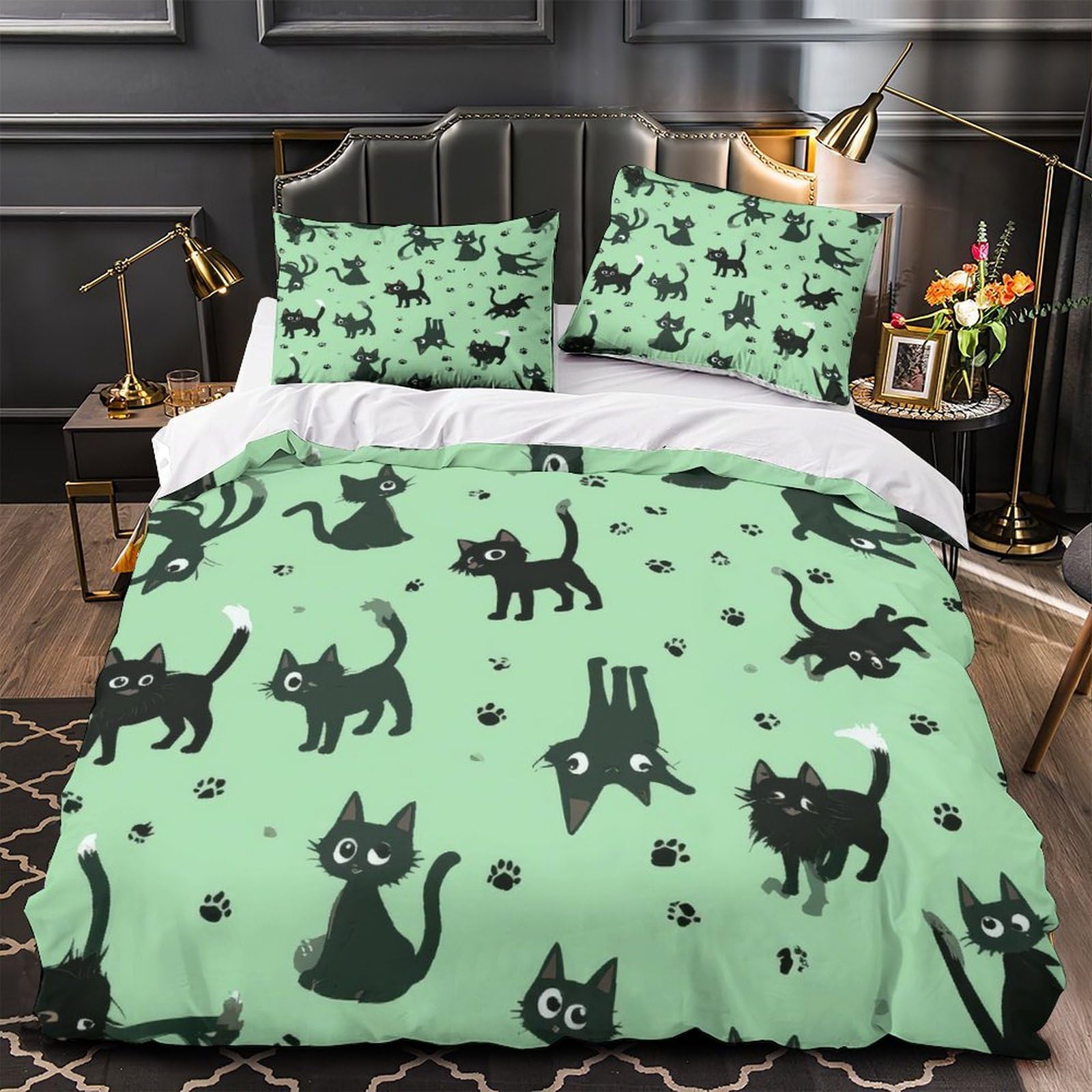 Housse de couette chat noir 3D confortable parure de lit double lavable