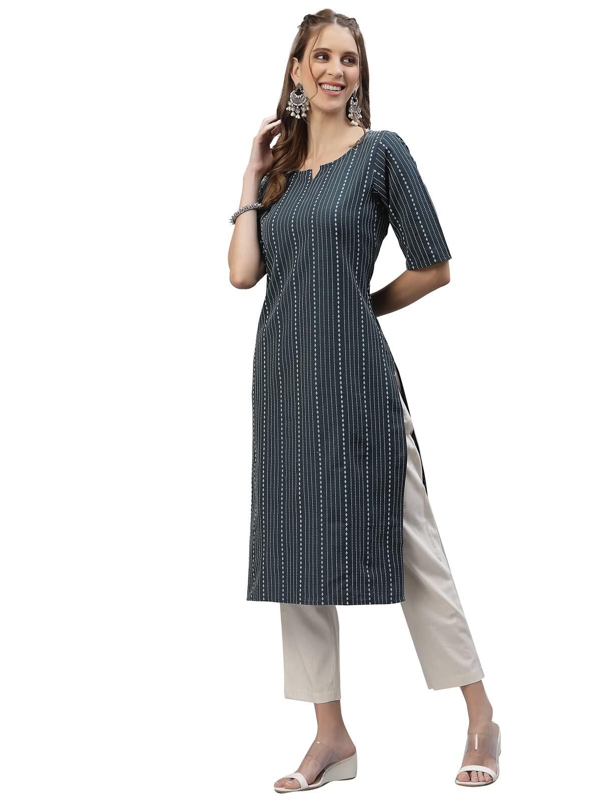 Stylum Women's Self Woven Striped Cotton Blend Straight Kurta (Daisyteal42_Teal Blue, Xl)