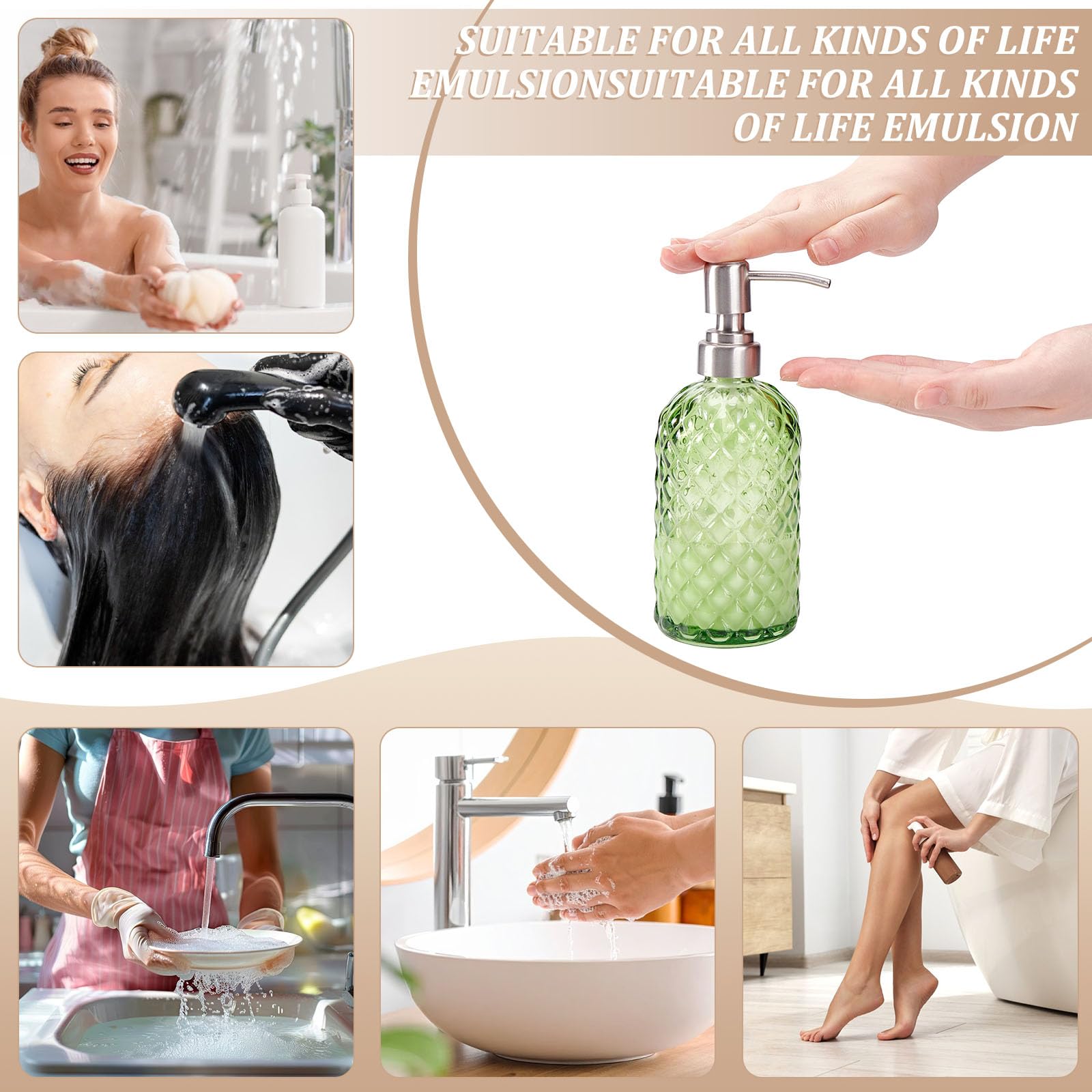 6 unidades 500 ml dispensador de jabón de vidrio con patrón de diamante rellenable dispensador de jabón de vidrio con bomba de acero inoxidable para lociones líquidas adecuado para cocina y