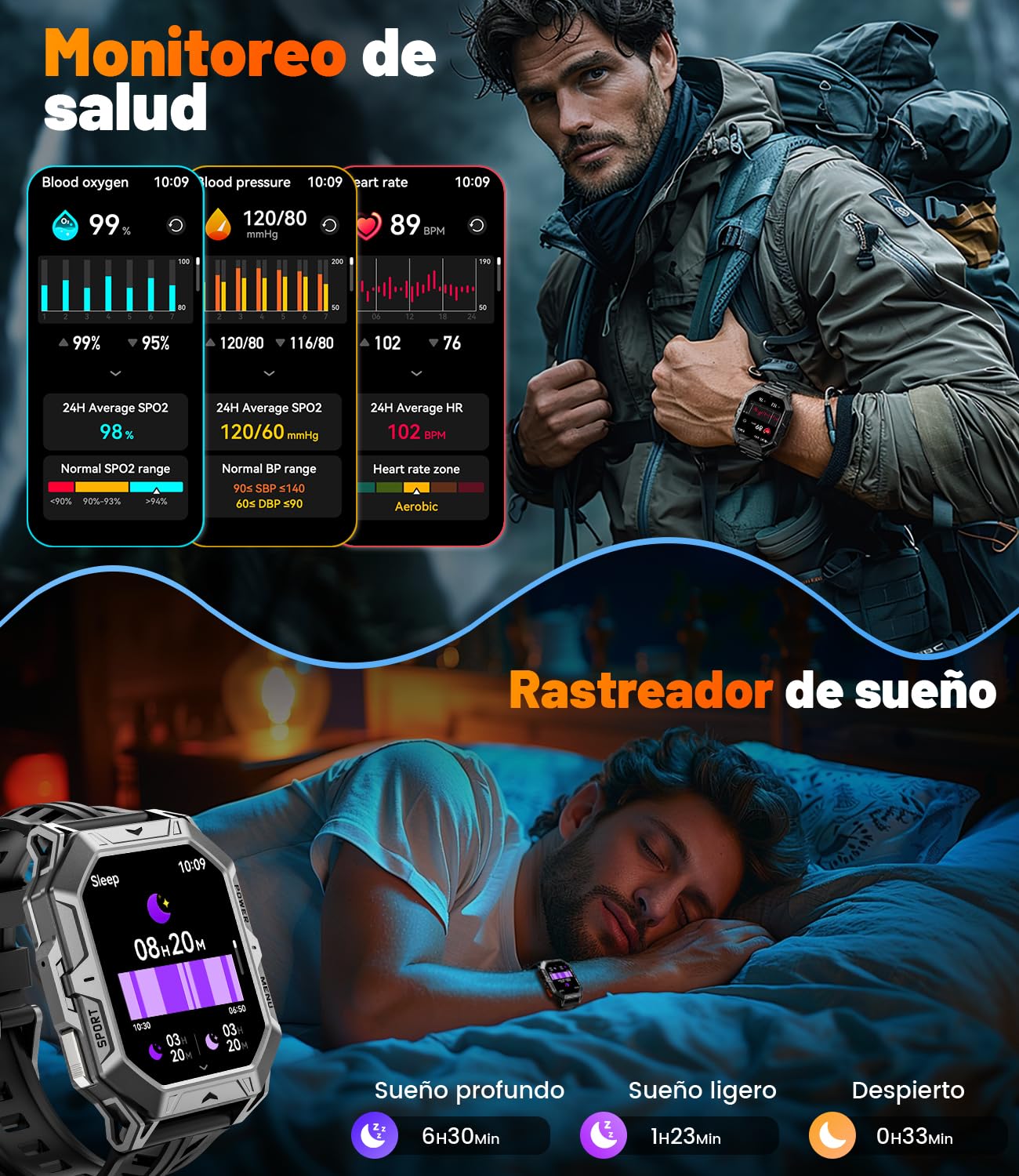 LIGE Reloj Inteligente Hombre, 256MB con 1000mAh Batería/Brújula/Altitud/Barómetro, 2.13" AMOLED Smartwatch Llamadas Bluetooth,100+ Deportivos,10ATM,Herzfrequenz/Schlafmonitor,Android iOS, Negro