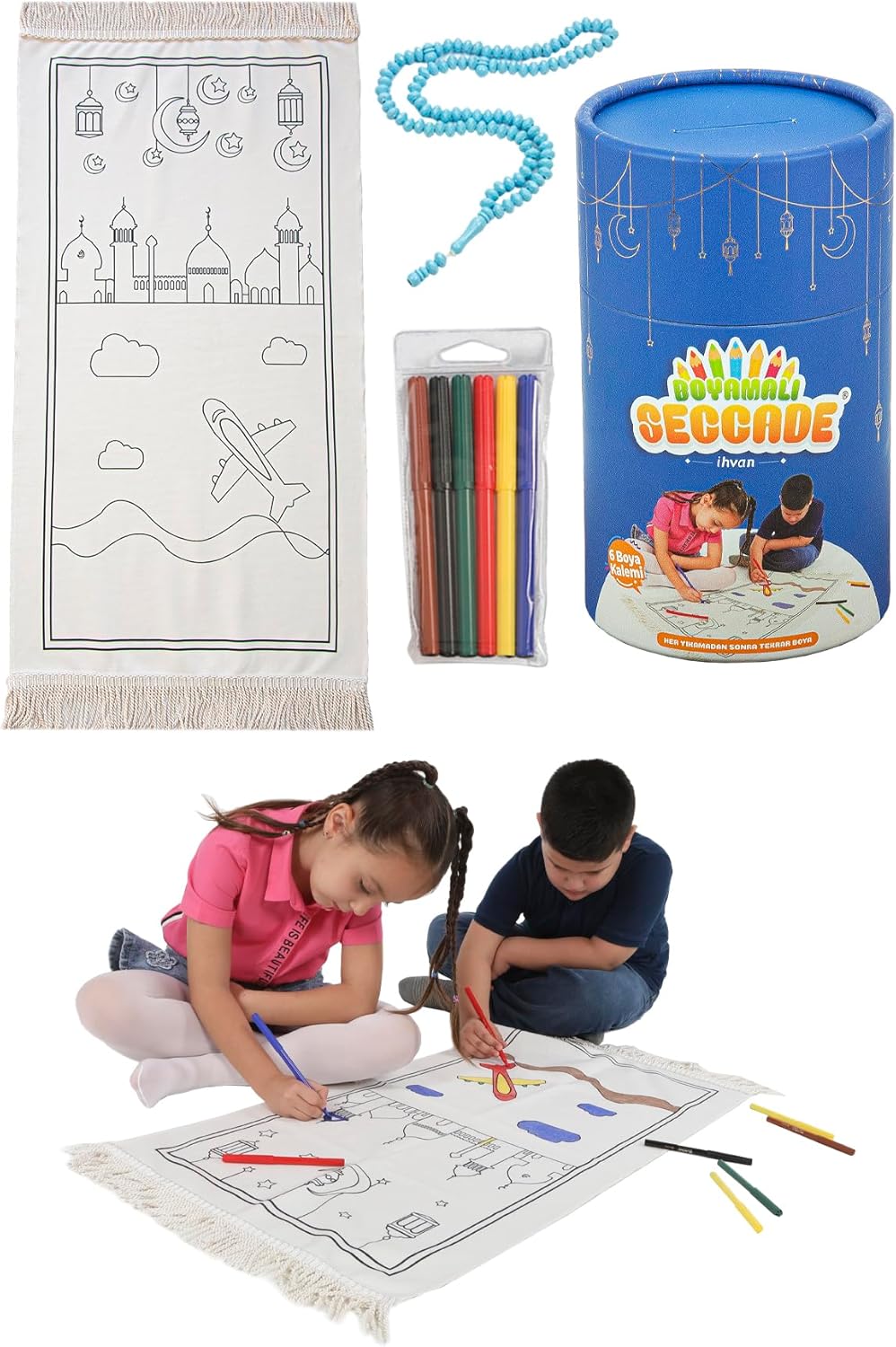 ihvan online, Kids Prayer Mat, Washable Painted Prayer Rug