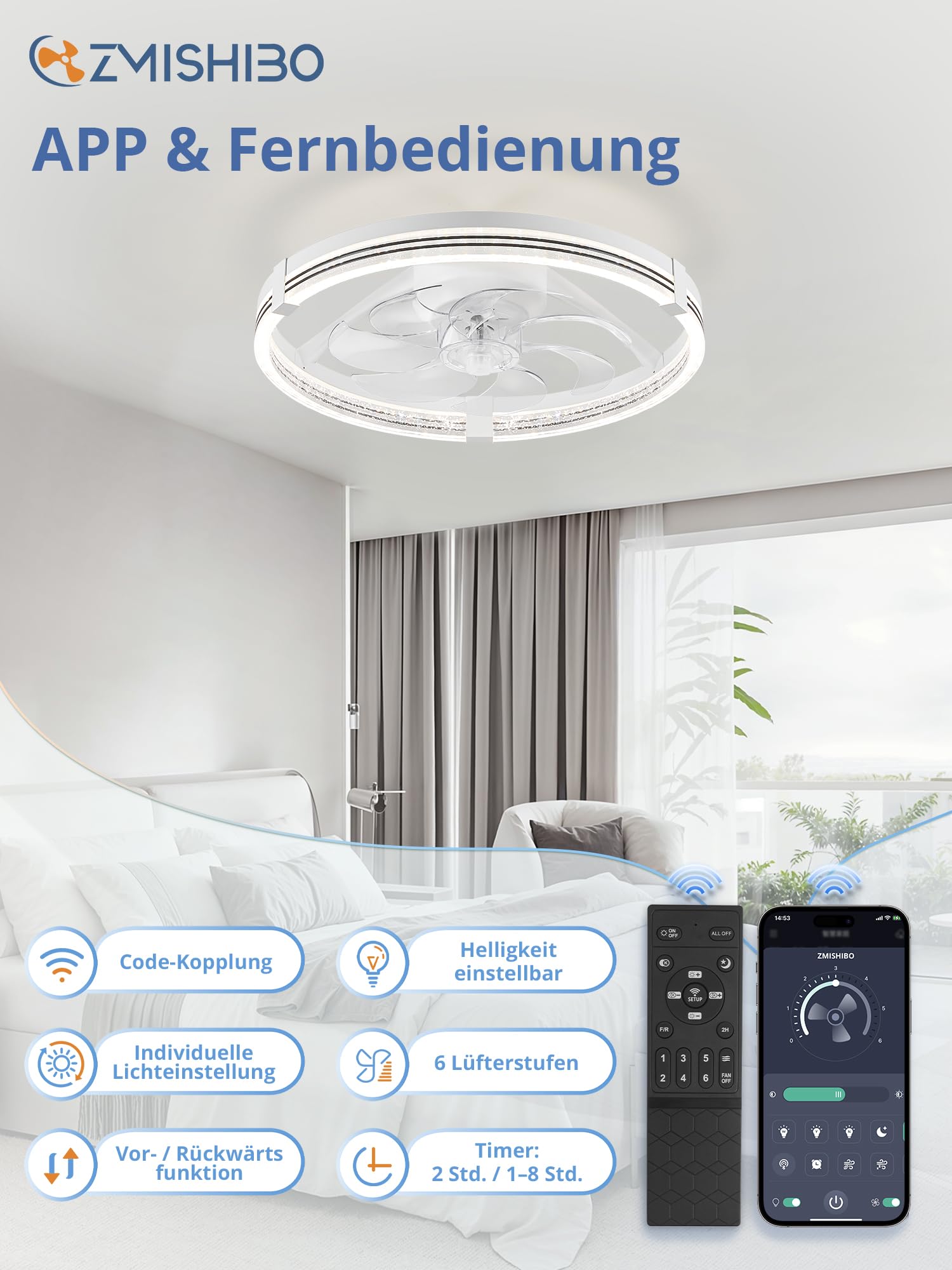 ZMISHIBO Deckenventilator mit Beleuchtung, dimmbare LED 3000K-7000K, 6 Geschwindigkeiten, Umkehrfunktion, APP & Fernbedienung, Timer, leise für Wohnzimmer & Schlafzimmer, Weiß