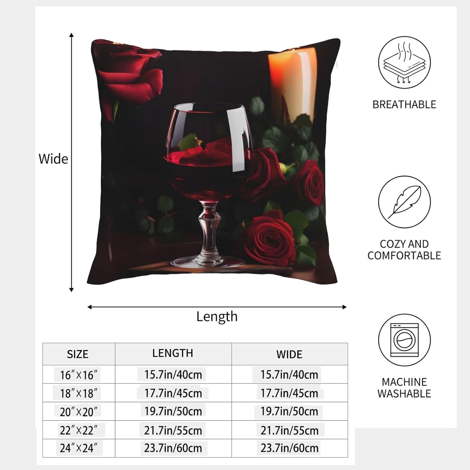 Red Wine Rose and Candle Imitation Linen Pillowcase -2 Sets, Fashionable Home Decoration, Used for Sofas, Gardens, beds