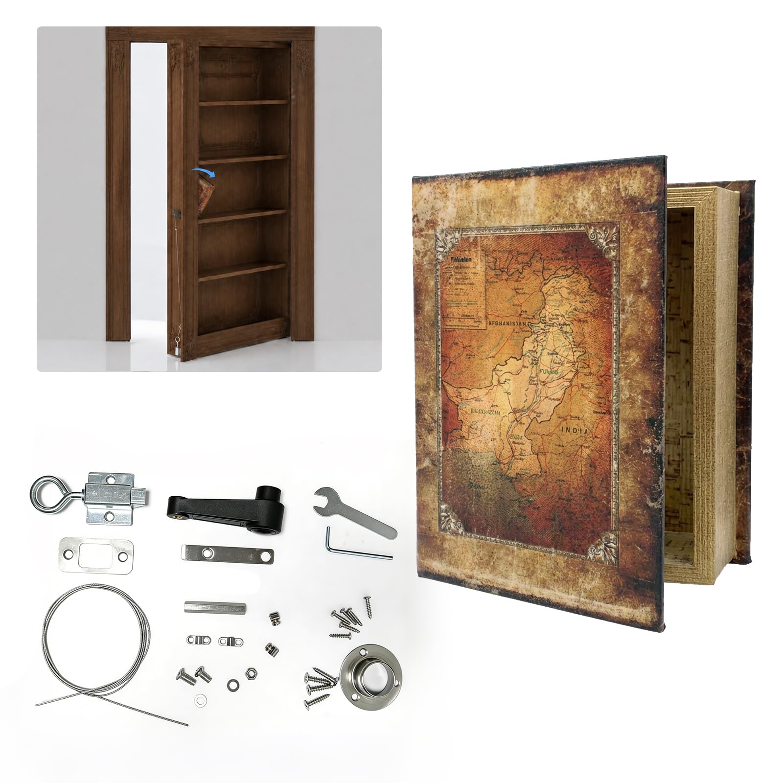 TamBee Secret Book Latch, Hidden Door Book Latch Hidden Door Kit for Bookshelf and Bookcase Doors, DIY Secret Doors Hardware for Home Office, Storage Room, Safe Room (Retro，Large)