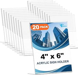EHWINE 20 Pack Acrylic Sign Holder 4 x 6, L Shape Clear Plastic Display Stand, Slanted Back Picture Frame Menu Flyer Paper Display Stand up Table Top Sign Holders for Restaurant, Office and School