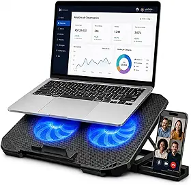 Base para Notebook com Refrigeração, Coolers com LED Azul, Suporte Ajustável, Resistente, Preto 2 Coolers