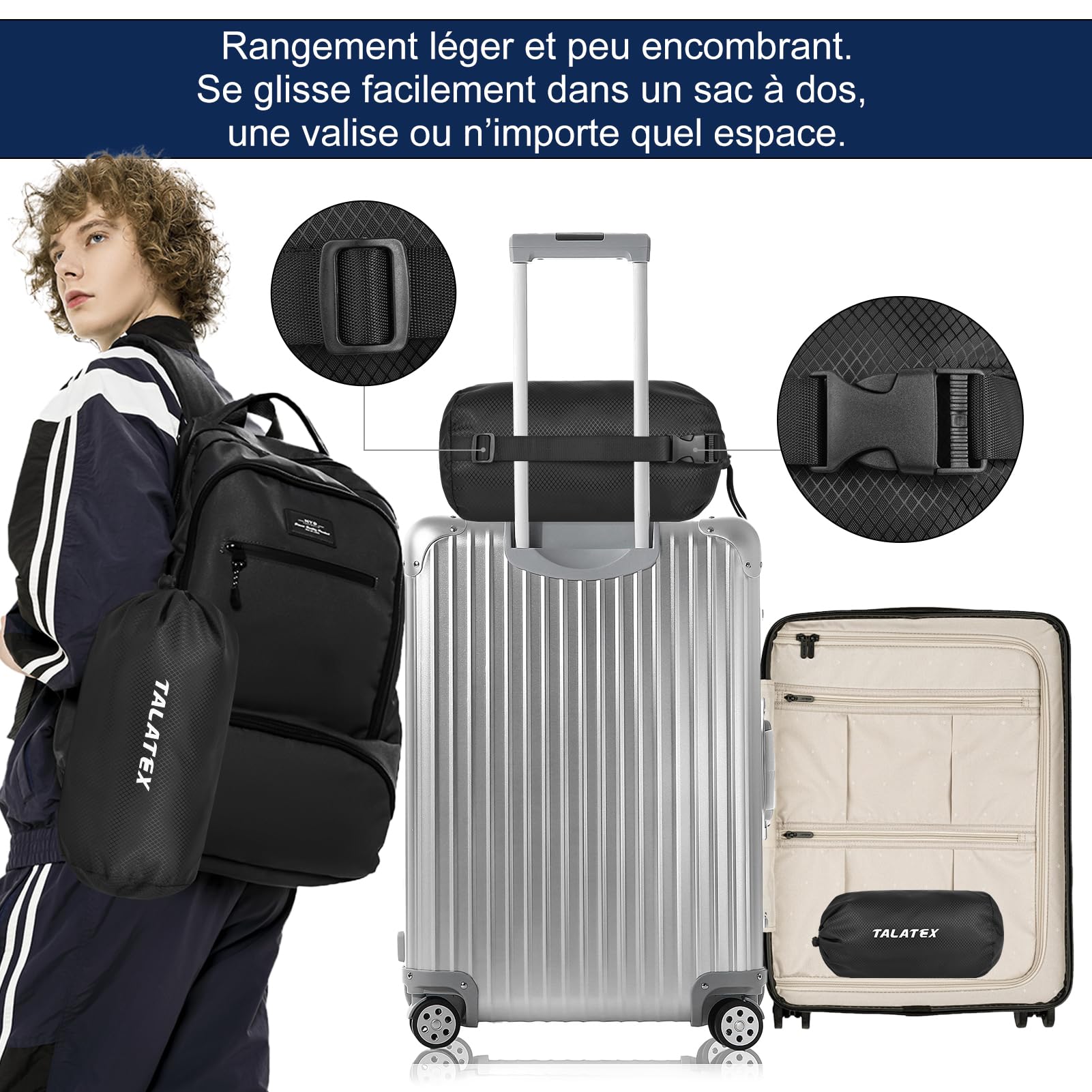 Talatex Oreiller de Voyage et Oreiller de Camping, 100% Latex Naturel Premium, léger et Facile à Transporter, avec Sac de Compression et Housse Amovible Lavable (40 * 30 * 15cm, Doux)