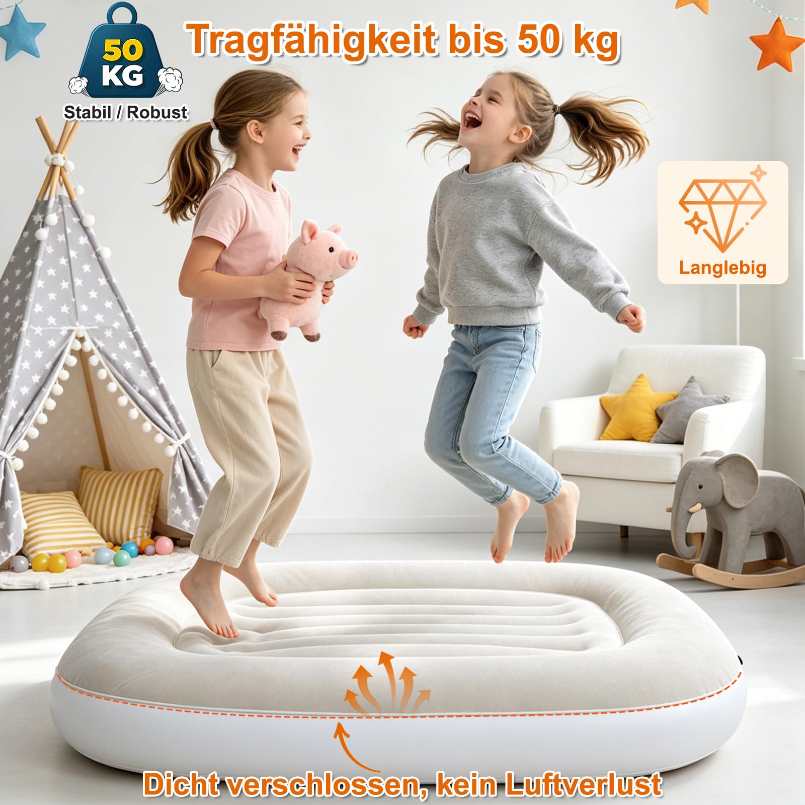 Kinder Luftbett aufblasbar mit Handpumpe, weiche beflockte Oberfläche, Reisebett für Kleinkinder