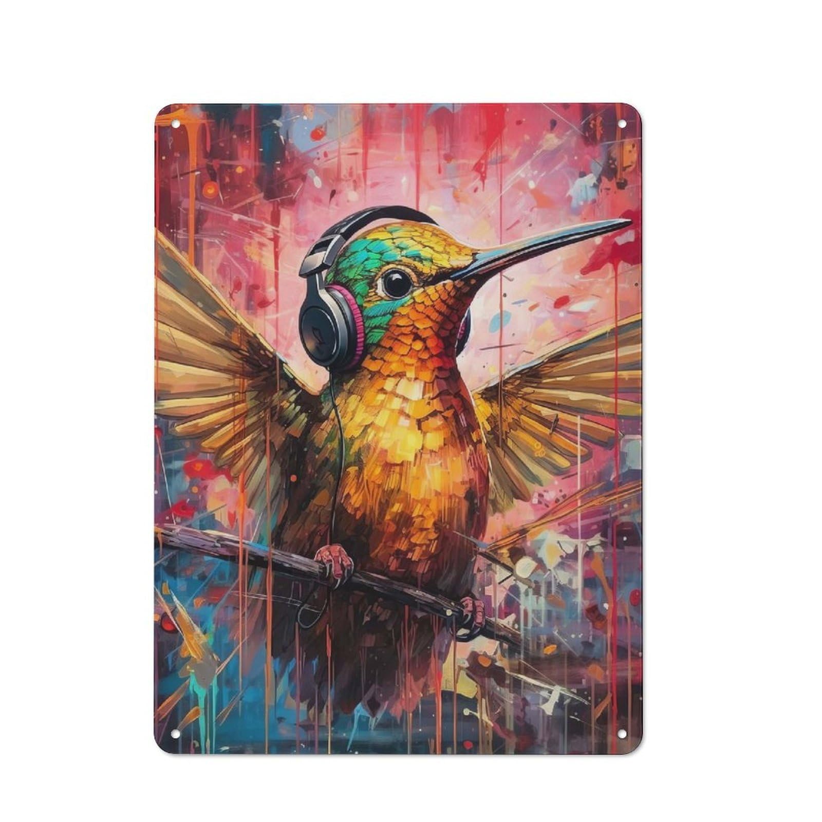 Junmoney Hummingbird Headphones Retro Metal Plaque 40X30cm Featuring For Garage Wall, A Winter Wall Decor Update For Workshop Decor Fans