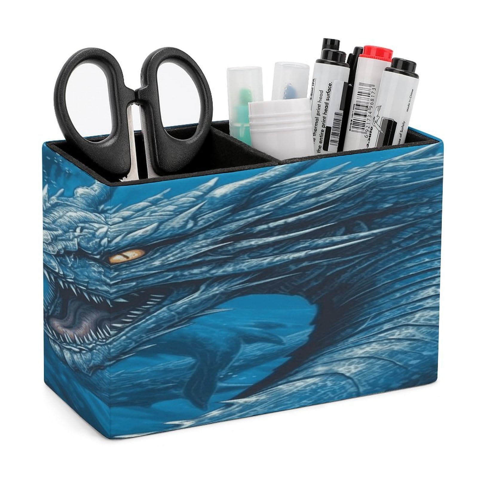 VstaDank Dragon Cool Blue Pen Holder Double Compartments Pen Cup Fashion Makeup Brush Holders Leather Pencil Holder for Work Locker Accessories Modern Pencil Cup for Desk Organizer