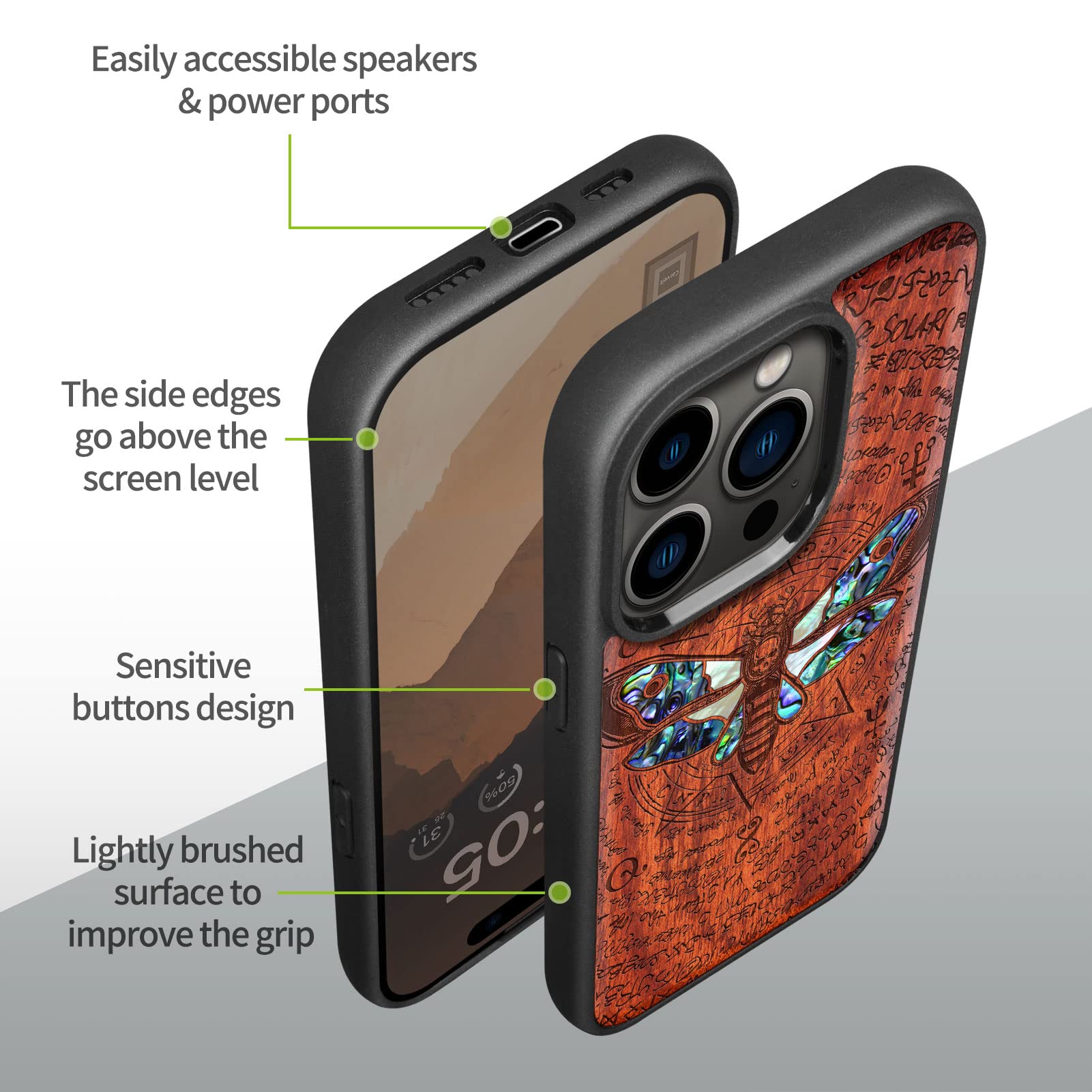 Carveit Wooden Case For IPhone 15 Pro Magnetic Case, Compatible With MagSafe Wireless Chargers, Shockproof Cover, Handmade Shell Inlaid & Wood Artisan Engraved (Majestic Chinese Dragon) Rosy - View #10