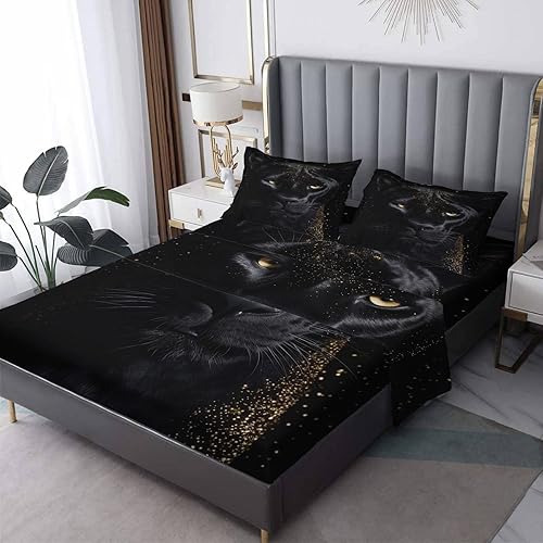 Miniatura 1 de zcsm Panther Sheets King - Sábanas de microfibra suave con bolsillo profundo y patrón sin arrugas, 4 piezas (1 sábana bajera, 1 sábana encimera, 2