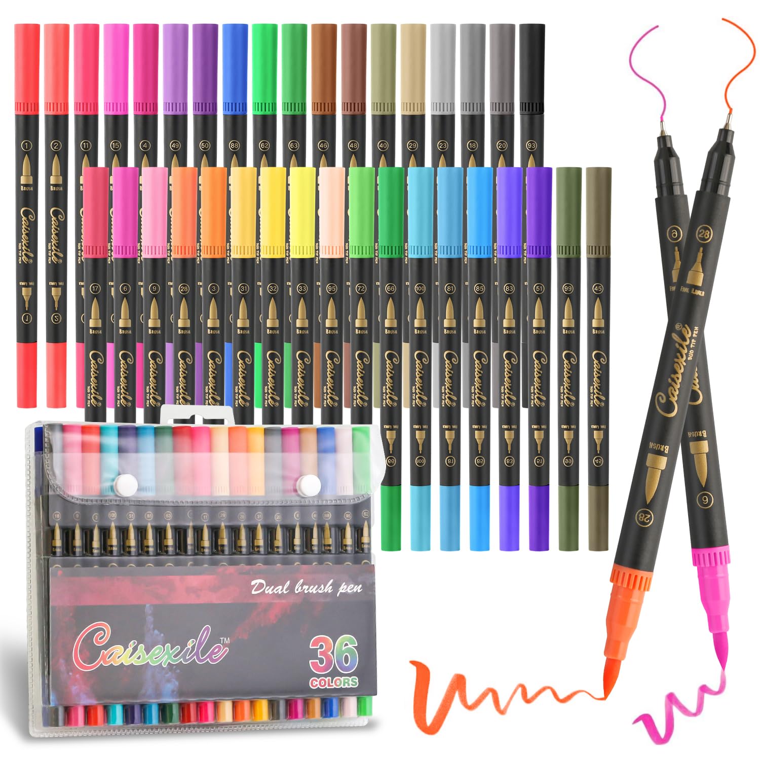 CAISEXILE 36 Colors Duo Tip Pens Art Markers Set, 72 Nibs Fine and Brush Tip for Adult Coloring Books Journaling Note Taking Lettering Calligraphy