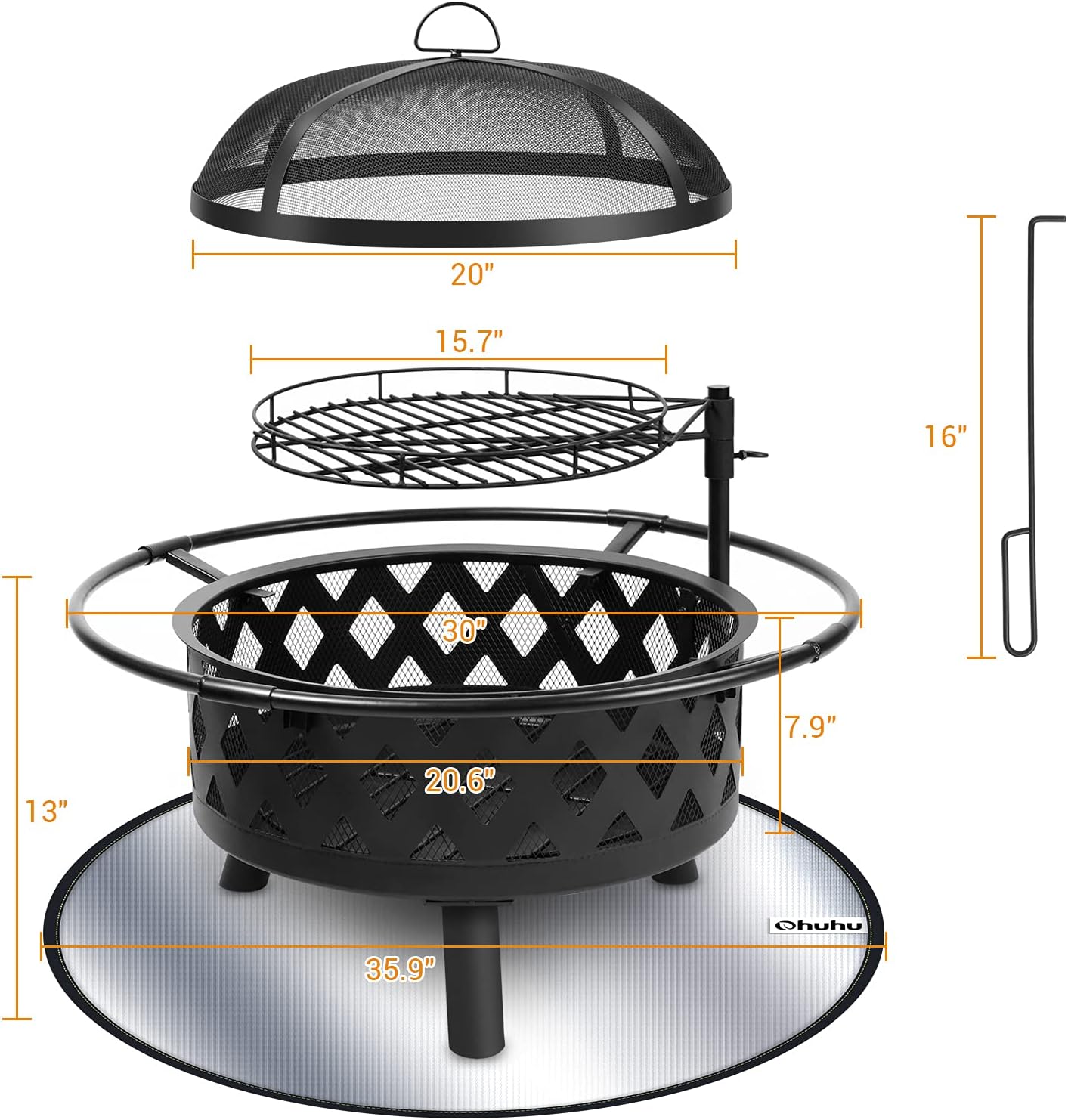 30 Inch Large Fire Pit with Cooking Grate for Outside, Ohuhu 2-in-1 Outdoor Wood Burning Fire Pits with Fireproof Mat, Mesh Lid & Poker, BBQ Grill Firepit for Patio Backyard Garden Camping Bonfire : Patio, Lawn & Garden