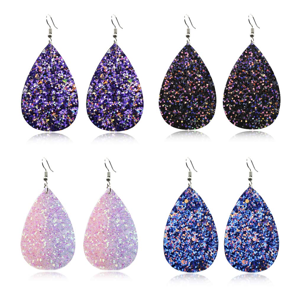 GIMEFIVEGIMEFIVE 4 Pairs Leather Teardrop Glitter Sequins Earring Lightweight Leaf Drop Bohemian Hollow Earrings For Women