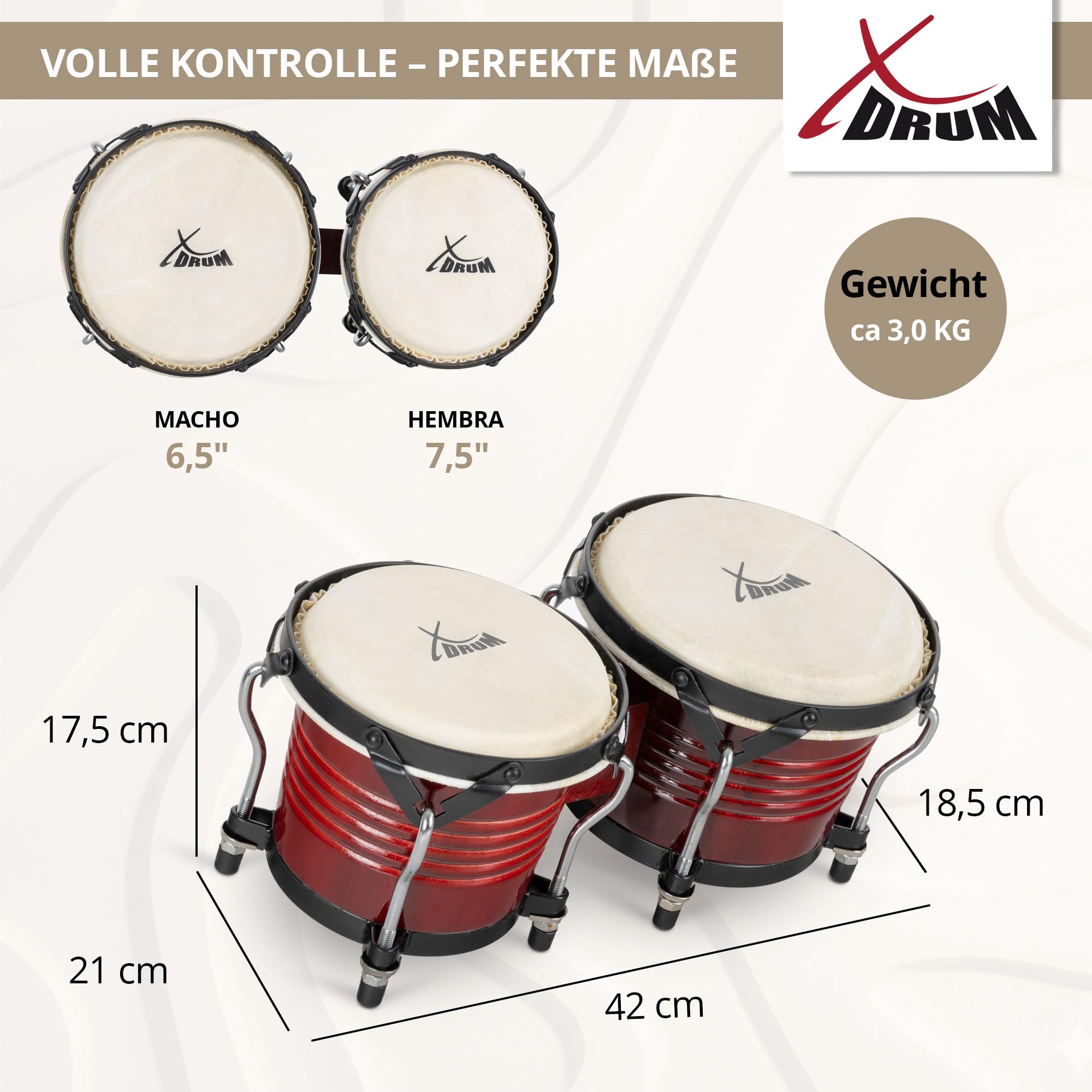 XDrum Bongos Pro Tobacco - 2 Tamburi con diametro 6,5" (17 cm) e 7,5" (20 cm) - Bonghi con pelli naturali accordabili, chiave di accordatura e supporto - Tamburi in legno marrone