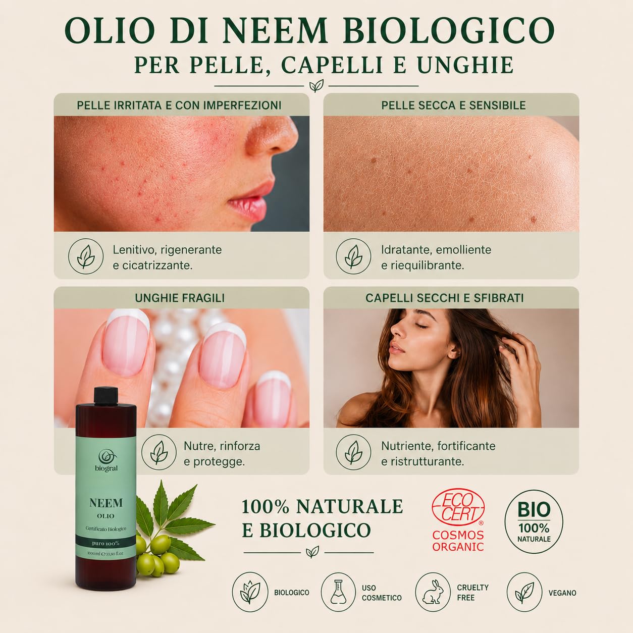 Olio di Neem per Persone 1 Litro per Pelle, Capelli e Unghie Olio di Neem Puro Spremuto a Freddo e Filtrato al Carbonio Certificato ECOCERT e BIOCERTITALIA Argan Italia