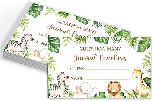 Miniatura 3 de Tarjetas de juego de adivinanzas de la selva de safari, cuántas galletas de animales adivinando, 50 tarjetas y letrero a juego, baby shower de