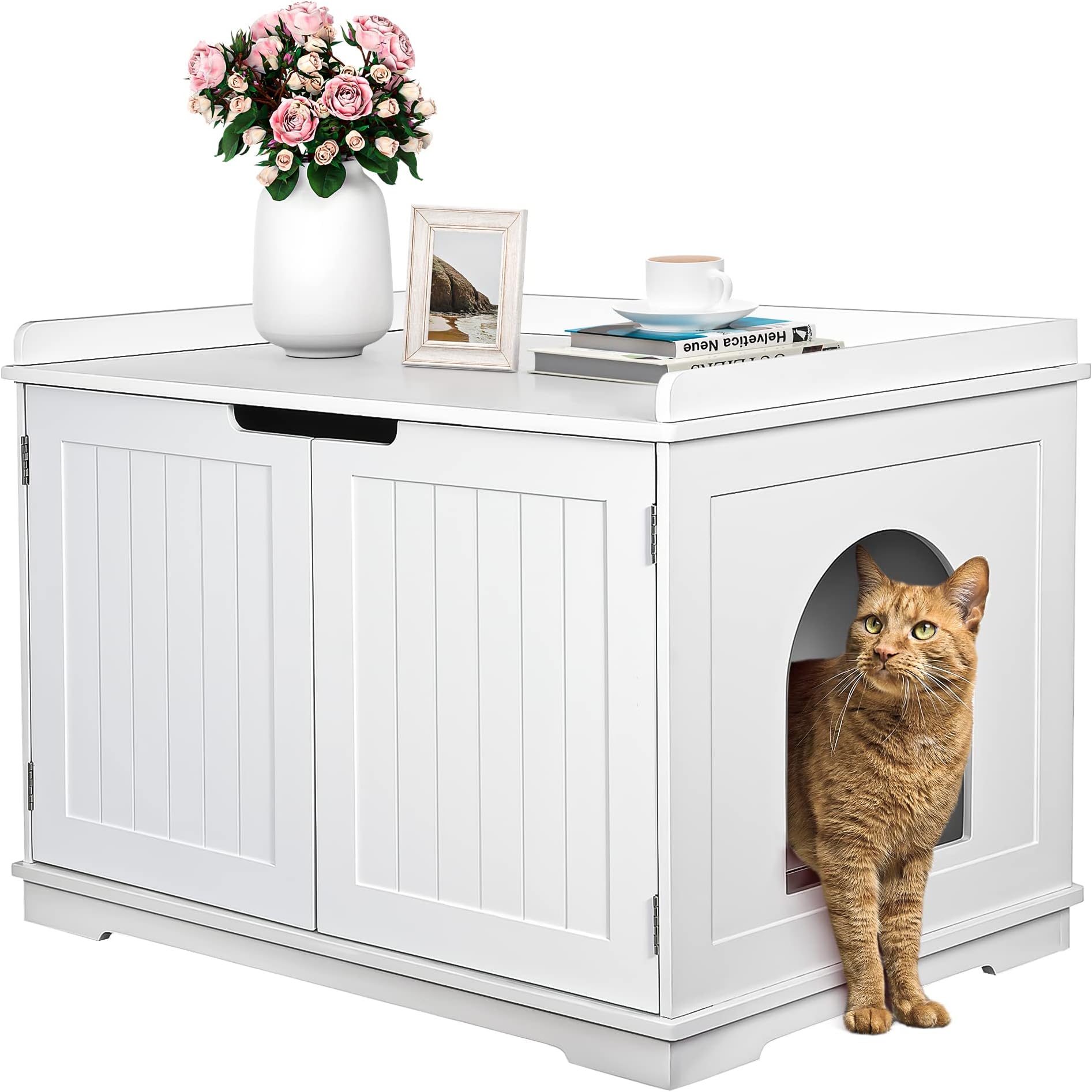 ZENY Wooden Cat Litter Cabinet, Hidden Litter Box Enclosure, Modern Storage Bench with Divider, Fit Most Boxes - White