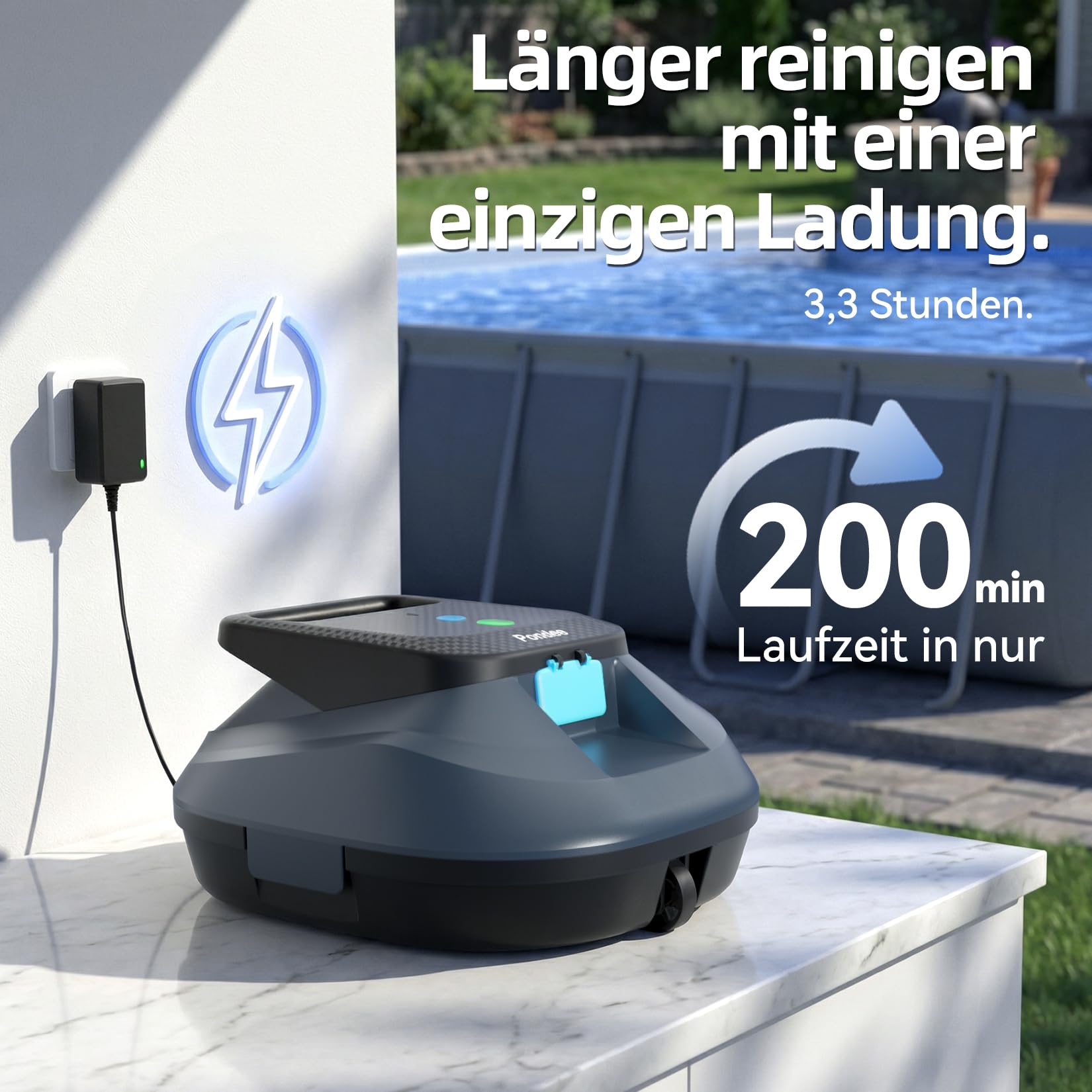 (2026 Neu) X2 Poolroboter Akku mit 200 Min Laufzeit, Kabelloser Poolsauger Auto-Parkfunktion, 3.3 h Schnellladung, für Aufstellpools & Ebene eingelassene Pools bis 120m², Blau