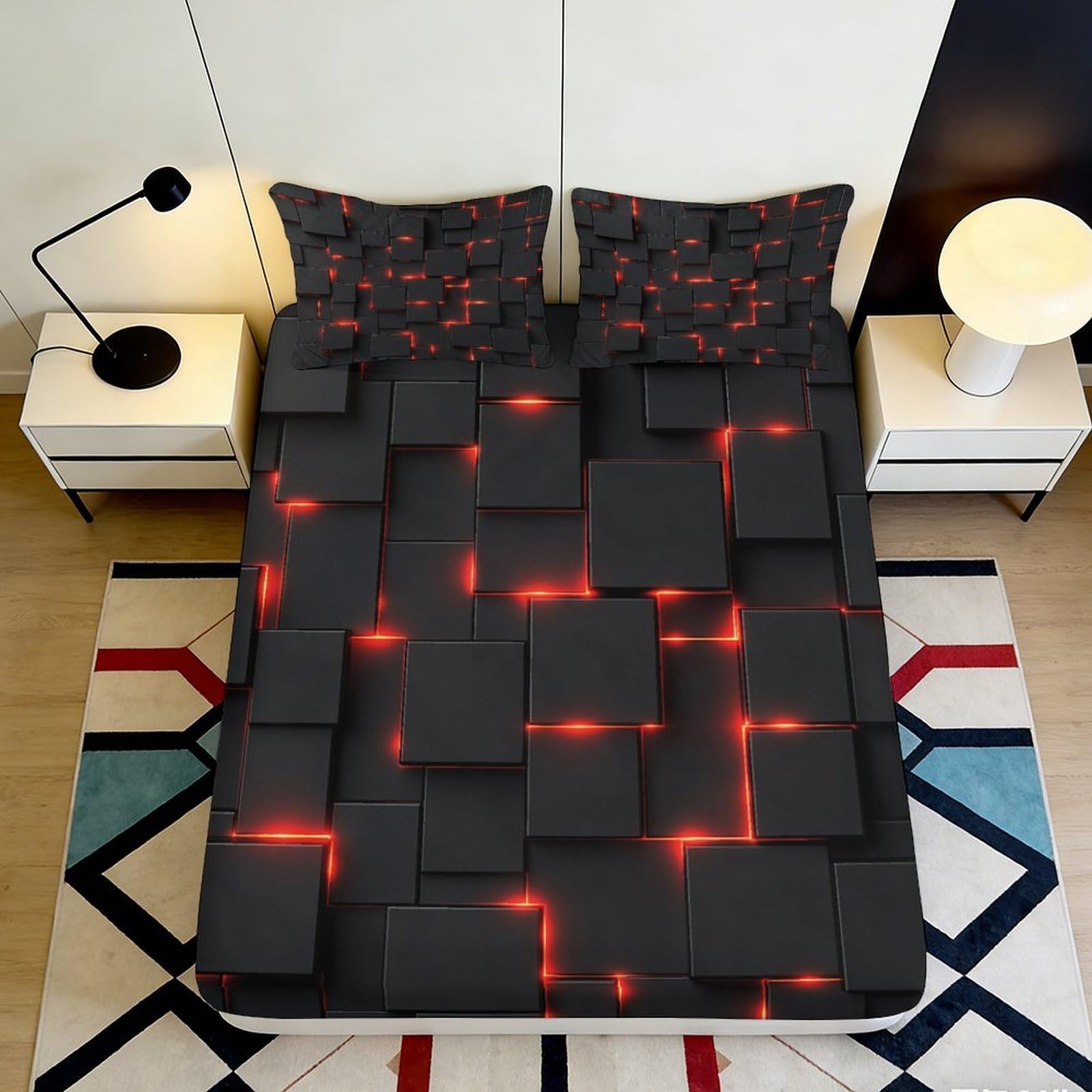 3D Printed Black Red Geometric Fitted Sheet Microfiber Soft Bedroom Decor Modern Grid Mattress Cover for Home Dorm 160x200x25cm