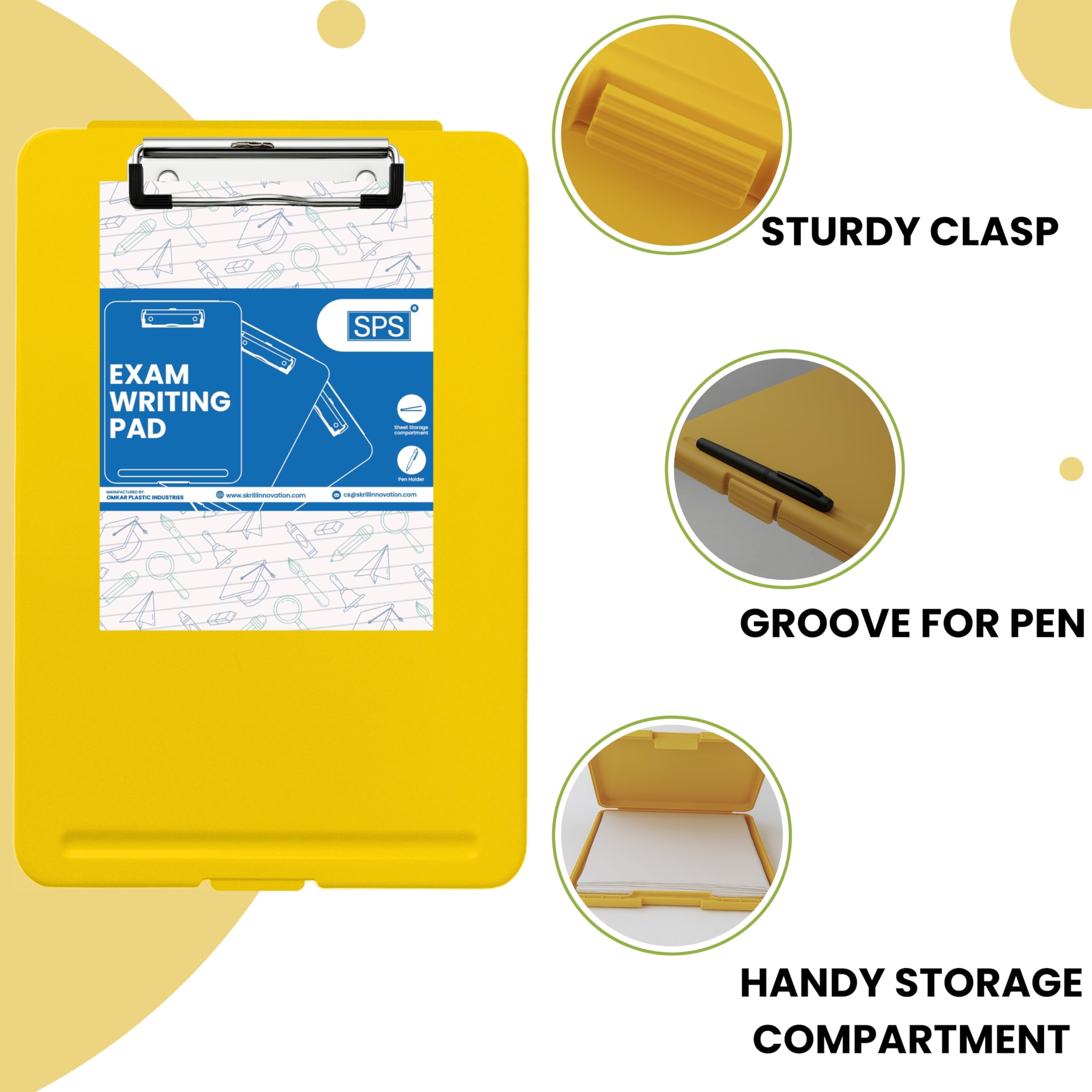 SPS Exampad - Portapapeles de plástico A4 con almacenamiento integrado y soporte para bolígrafos, ideal para escuela, oficina, viajes, perfecto para estudiantes y profesionales, escuela y oficina