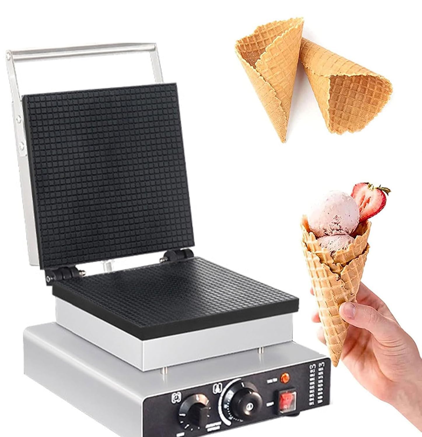 Macchina Professionale per Coni Gelato - Macchina elettrica per Coni Waffle con Temperatura e Timer Regolabili, in Acciaio Inossidabile, Ideale per panetterie e Snack Bar.,