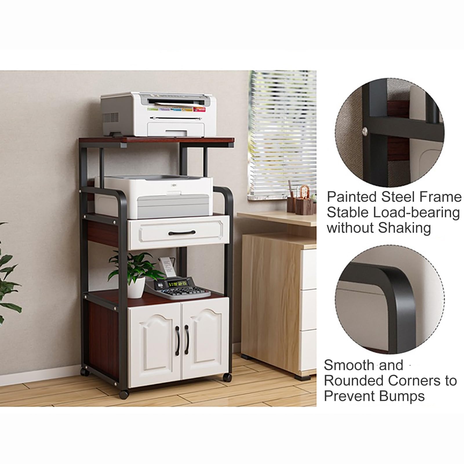Mesa para Impresora con Ruedas, Mueble Trituradora Grande, Mesa Impresora con Cajon y Armario(Brown)