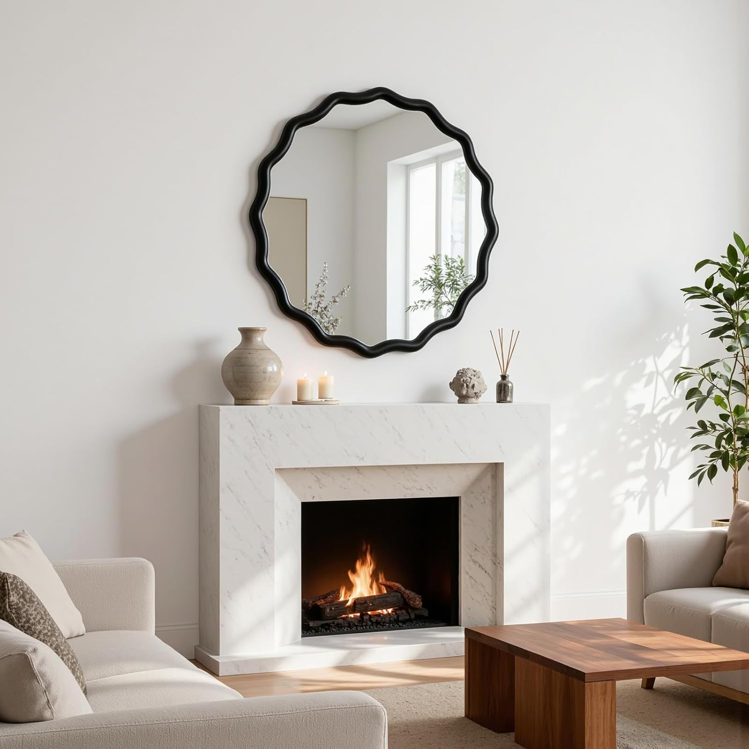 Black Scalloped Circle Mirror,24 inch Round Wood Wavy Bathroom Farmhouse Wall Mirror for Bedroom, Living Room, Hallway, Entryway, Office