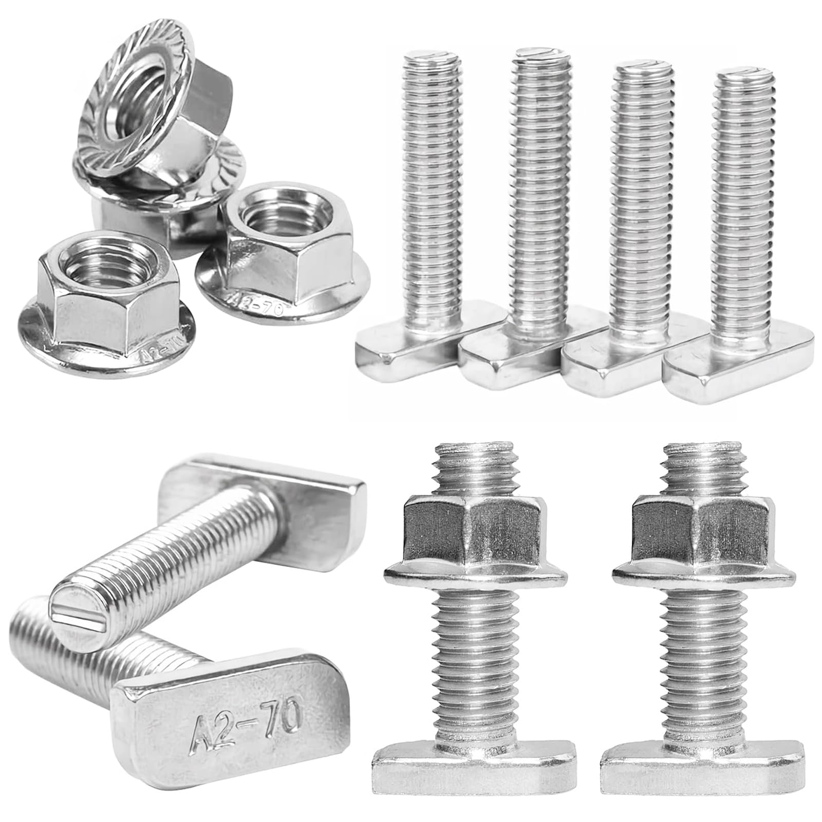 Pack con 40 tornillos de cabeza de martillo M10 x 25 de acero inoxidable A2-70 con tuercas dentadas de bloqueo para invernadero, perfil de aluminio fotovoltaico, soporte de panel solar, etc