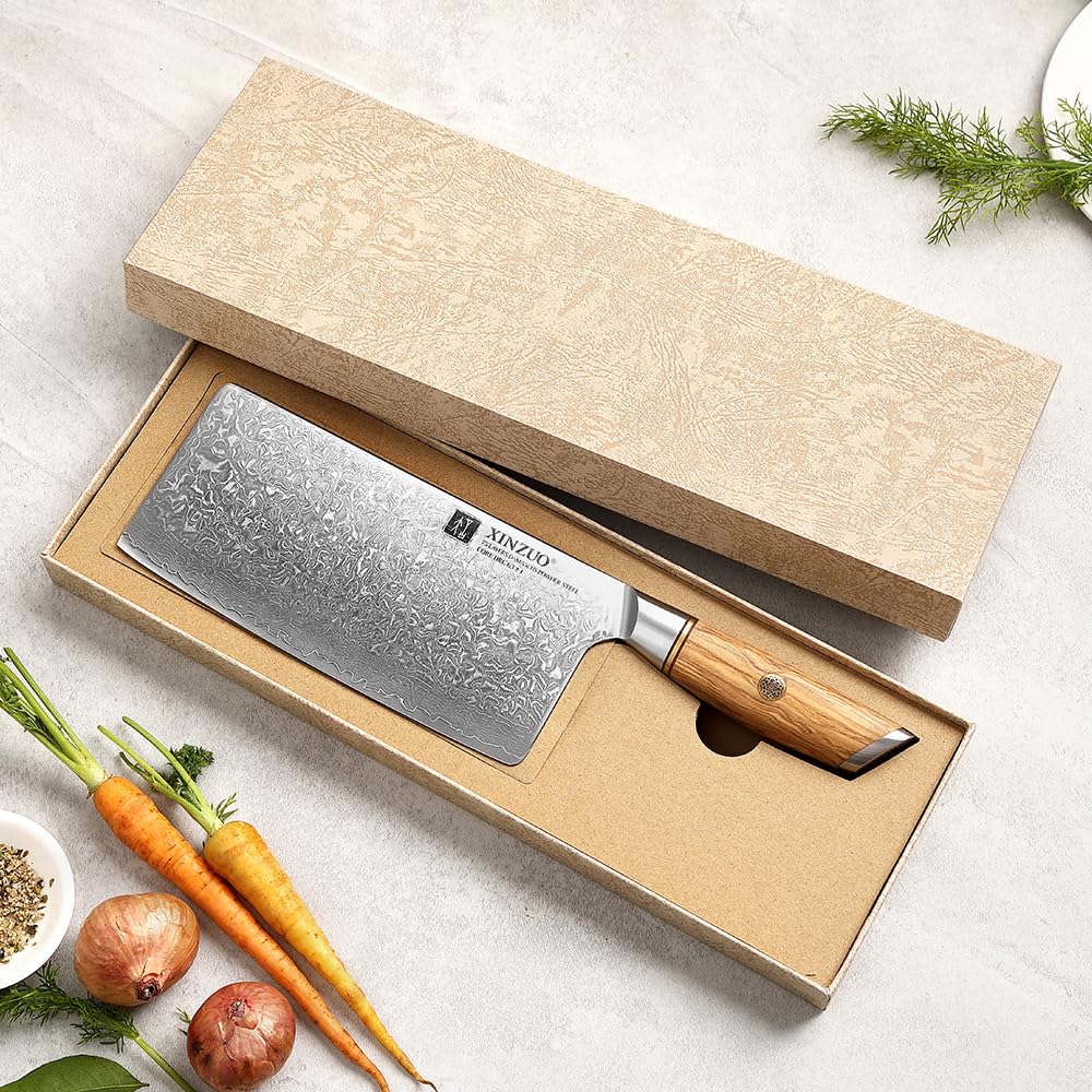 XINZUO Cleaver Knife 7.5 Inch, 73 Layer Damascus Steel Powder Steel Core Chinese Chef's Knife, Multifunction Vegetable Meat Slicing Knife with Olive Wood Handle -Lan Series — Amazon image 9