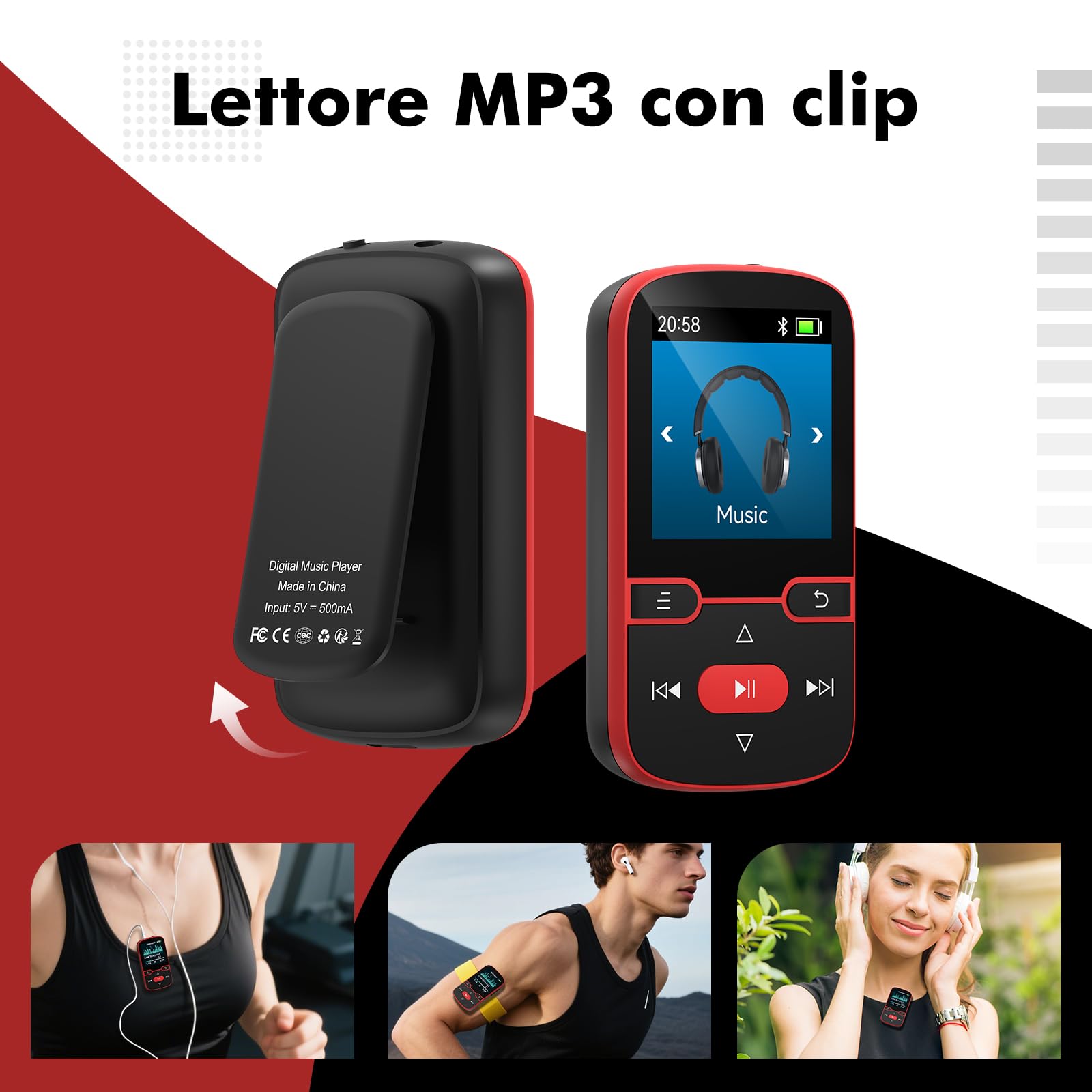 64 GB Lettore MP3 con Bluetooth 5.3, Music Clip Sport, schermo TFT da 1,5". | Solo 28 g di luce con clip per lo sport, radio FM, registrazione vocale, ripetizione casuale e di brano, pulsanti fisici