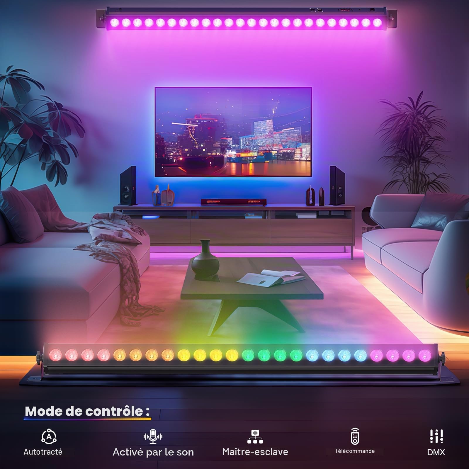 UKing LED Wall Wash Lampe 24LED 72W Lumières de Scène RGB Effet de Lumiere Bar avec Télécommande et Contrôle Sonore dmx Activé pour DJ Fete Éclairage Effets, 1 PCS