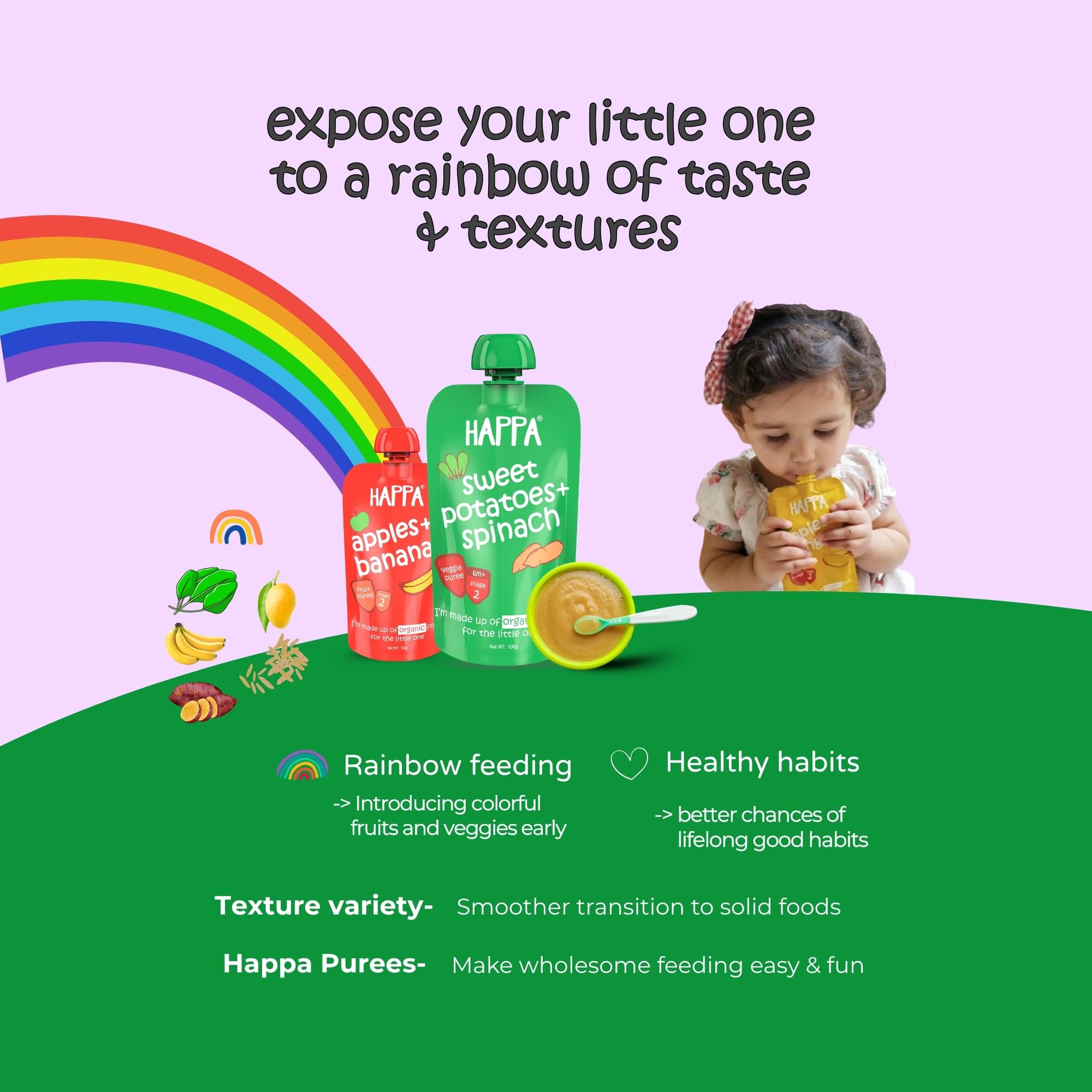Happa Organic Baby Food Sweet Potato and Spinach Puree | 100% Fruits and Vegetables | No Added Sugar, No Milk Powder, No Preservatives | Stage 2 (6 Months+) | Ready to Eat | Free from Common Allergens | Pack of 1 (100g Each) 1