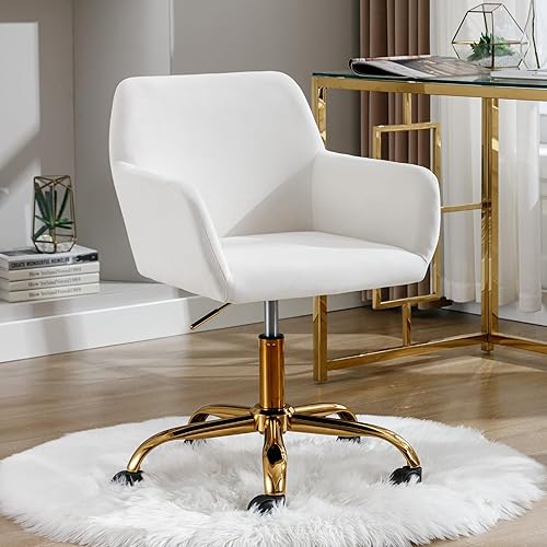 Miniatura 2 de Silla de escritorio giratoria de piel sintética de 360, sillón de oficina en casa ajustable con base dorada para adolescentes, mujeres y niñas,