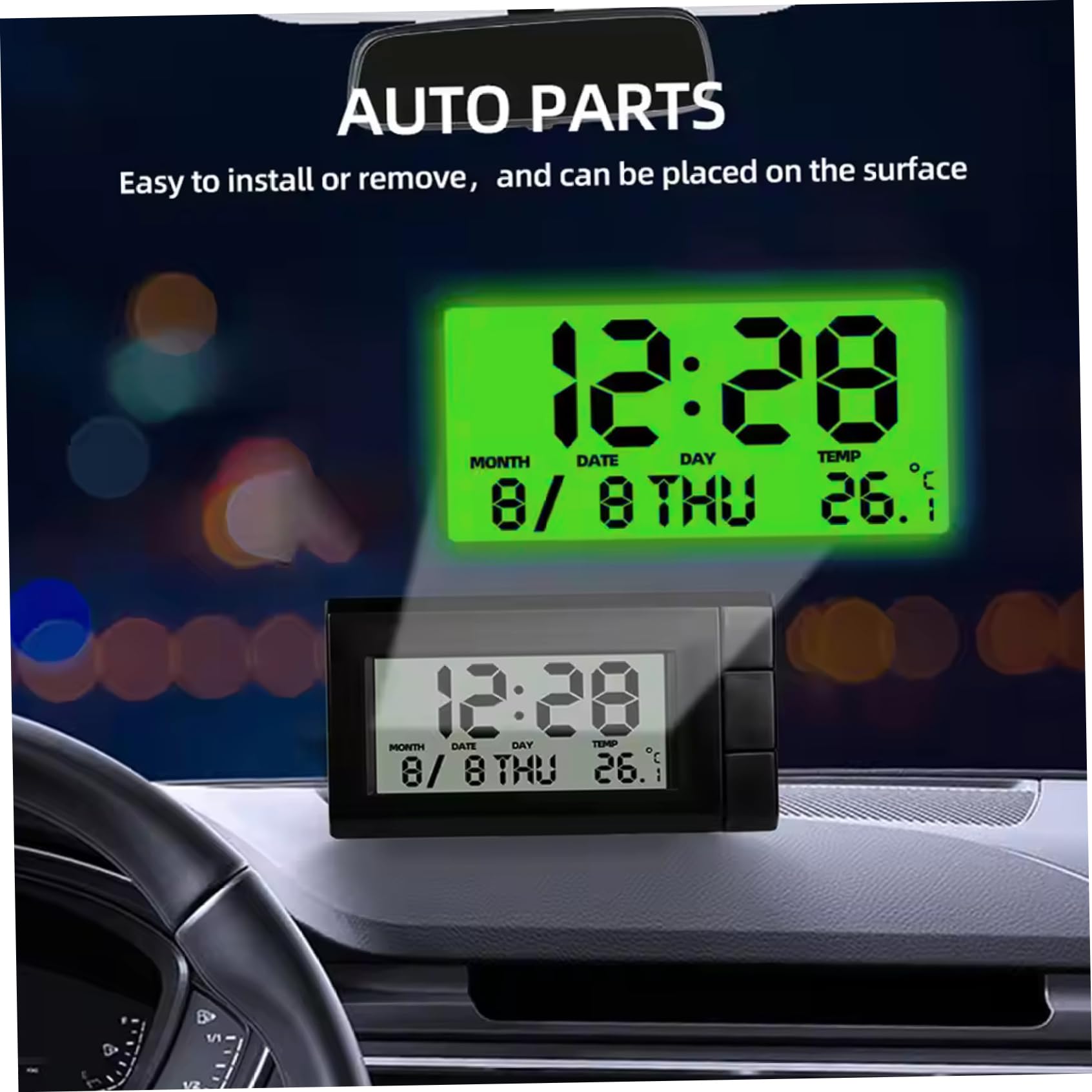 Qmee Horloge Numérique LCD Pour Voiture Et Bureau - Date, Heure, Calendrier Avec Support Adhésif