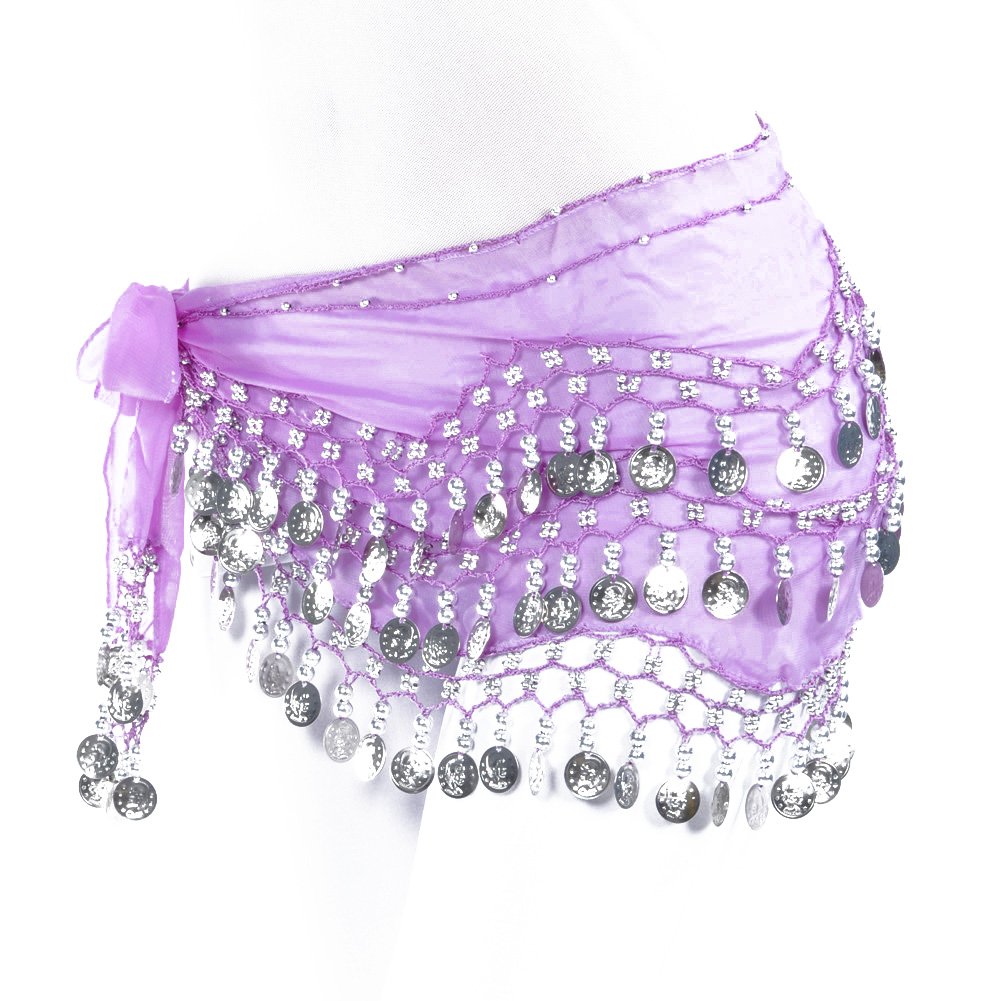 Women Chiffon Dangling Gold Coins Belly Dance Hip Skirt Scarf Wrap Belt (Silver Coin, Light Purple)